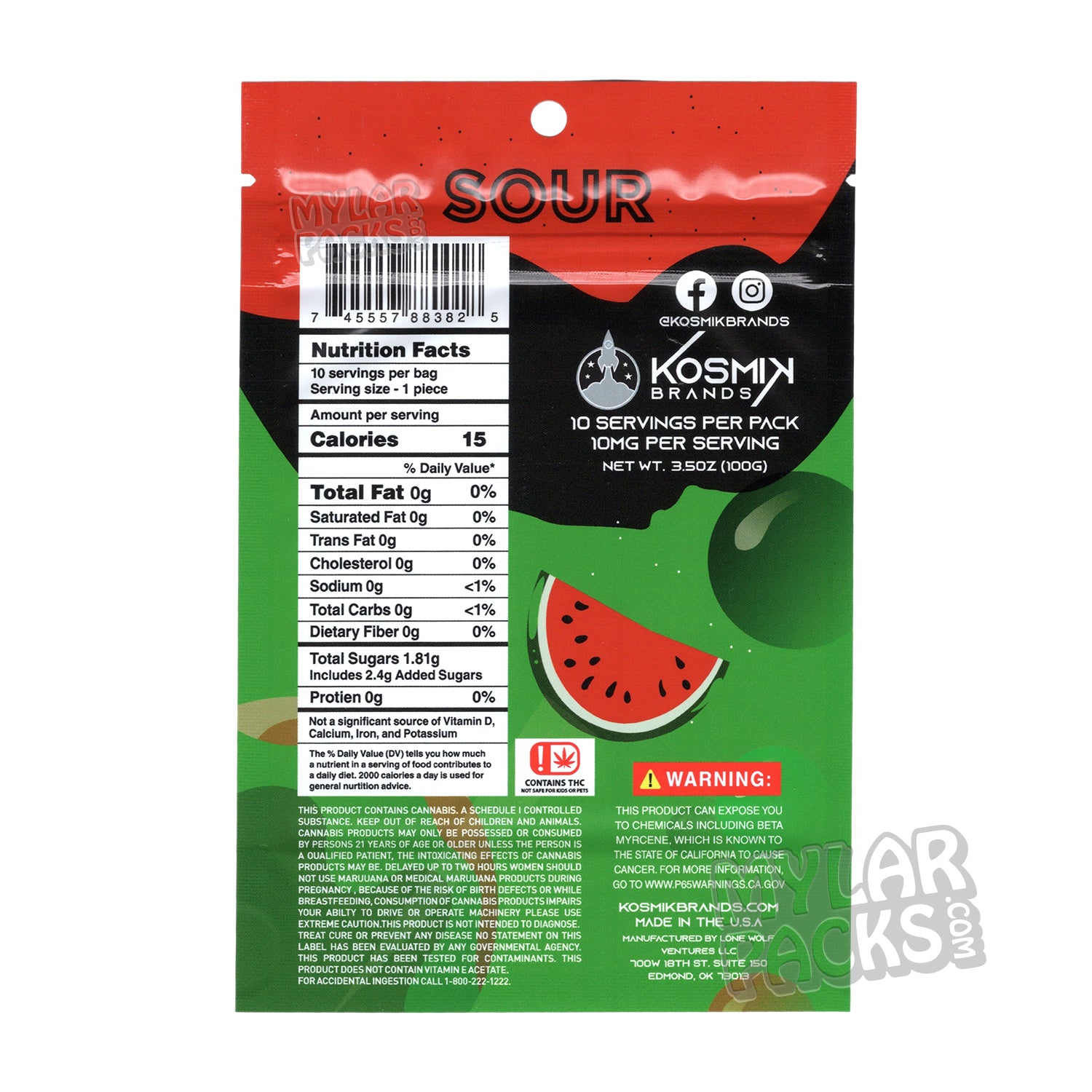 Bolsa de Mylar vacía Kosmik Blasters Sour Meteor Melon de 100 mg, comestible, para dulces