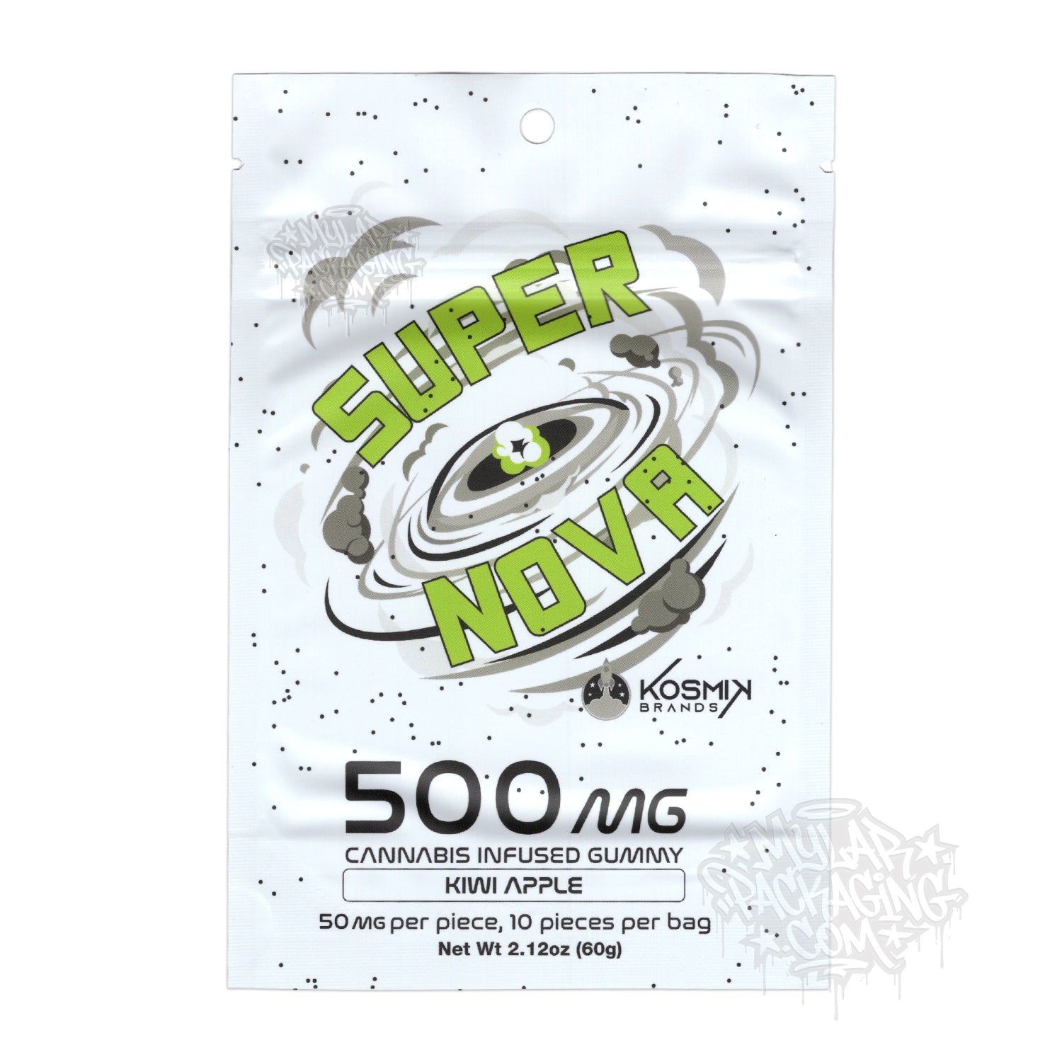 Bolsa de Mylar vacía Kosmik Super Nova Kiwi Manzana 500 mg, empaque para dulces comestibles