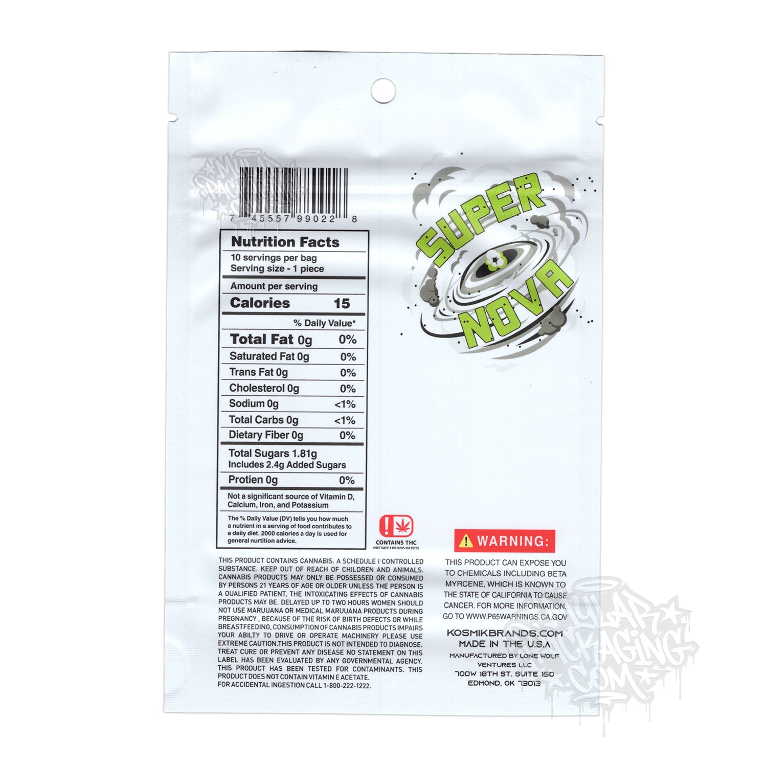 Bolsa de Mylar vacía Kosmik Super Nova Kiwi Manzana 500 mg, empaque para dulces comestibles