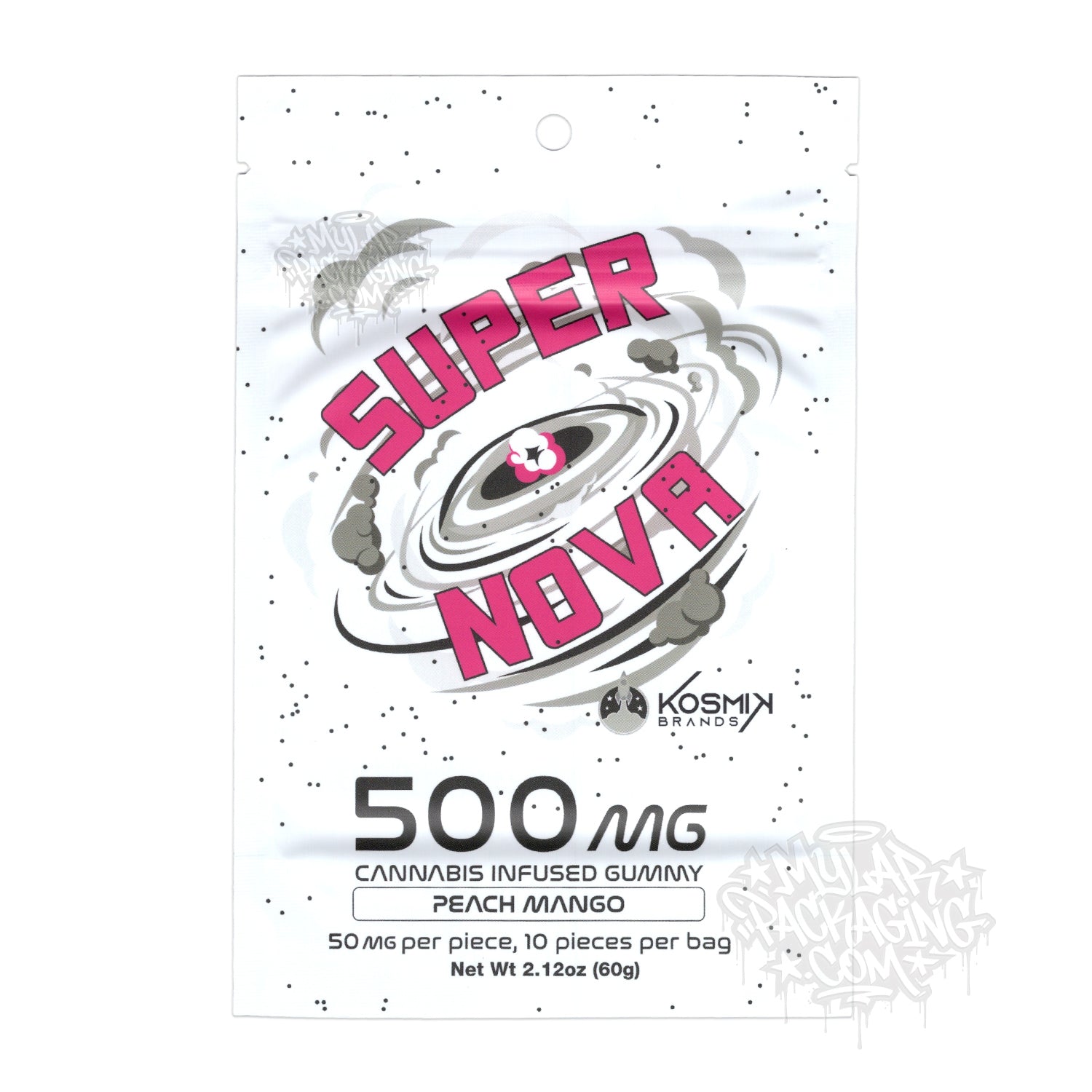 Bolsa de Mylar vacía Kosmik Super Nova Peach Mango 500 mg, empaque para dulces comestibles