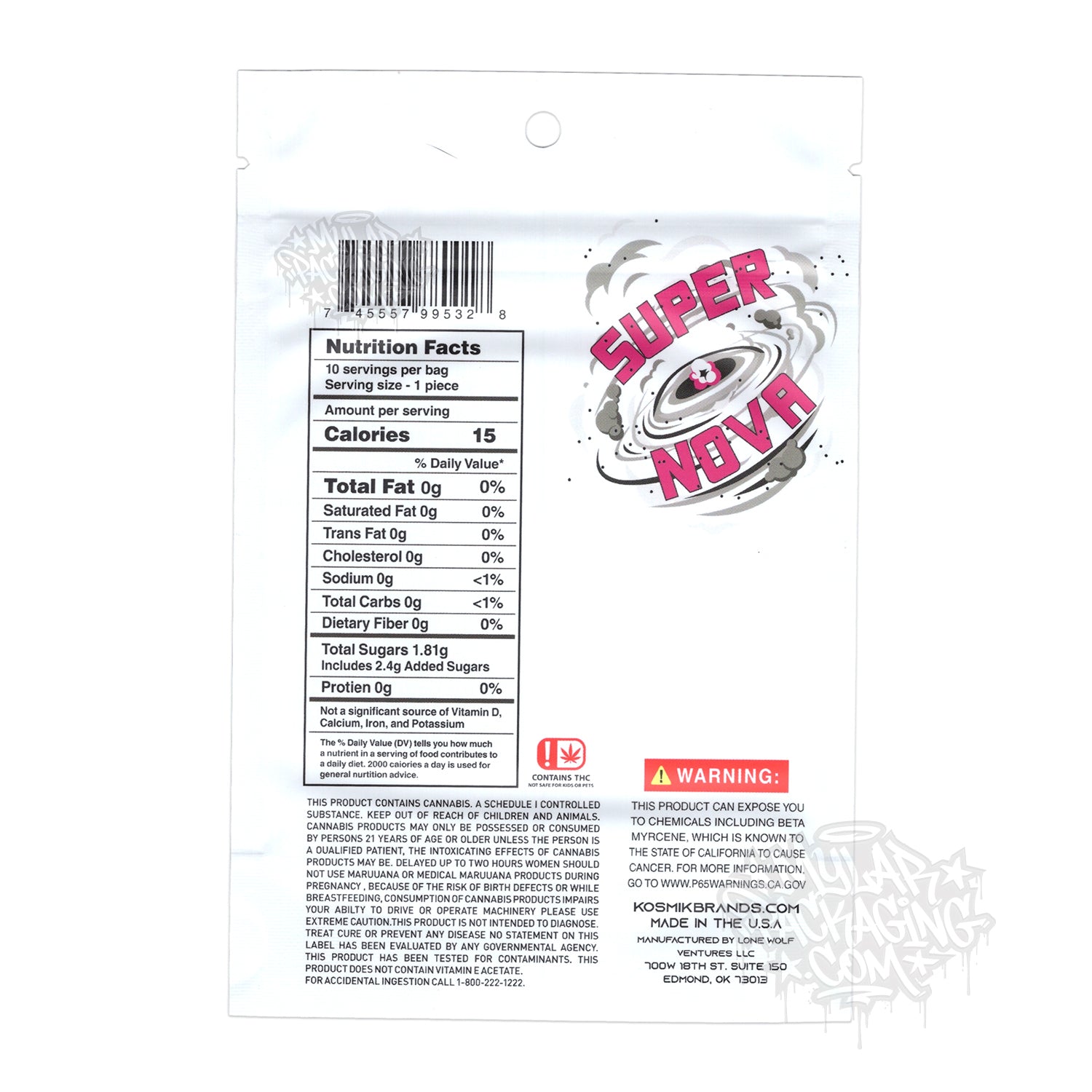Bolsa de Mylar vacía Kosmik Super Nova Peach Mango 500 mg, empaque para dulces comestibles