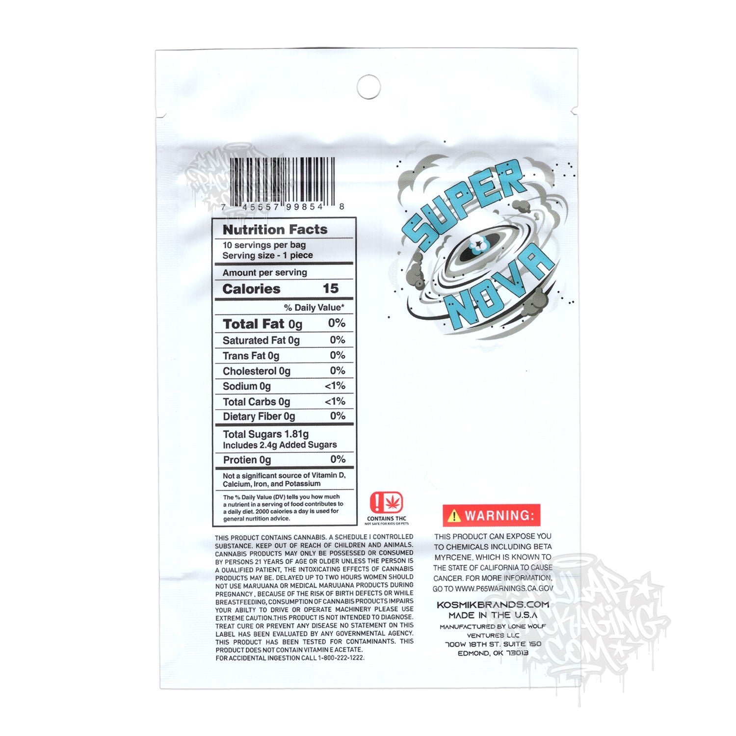 Limonada de frambuesa azul Kosmik Super Nova 500 mg, bolsa de mylar vacía, comestibles, empaque para dulces