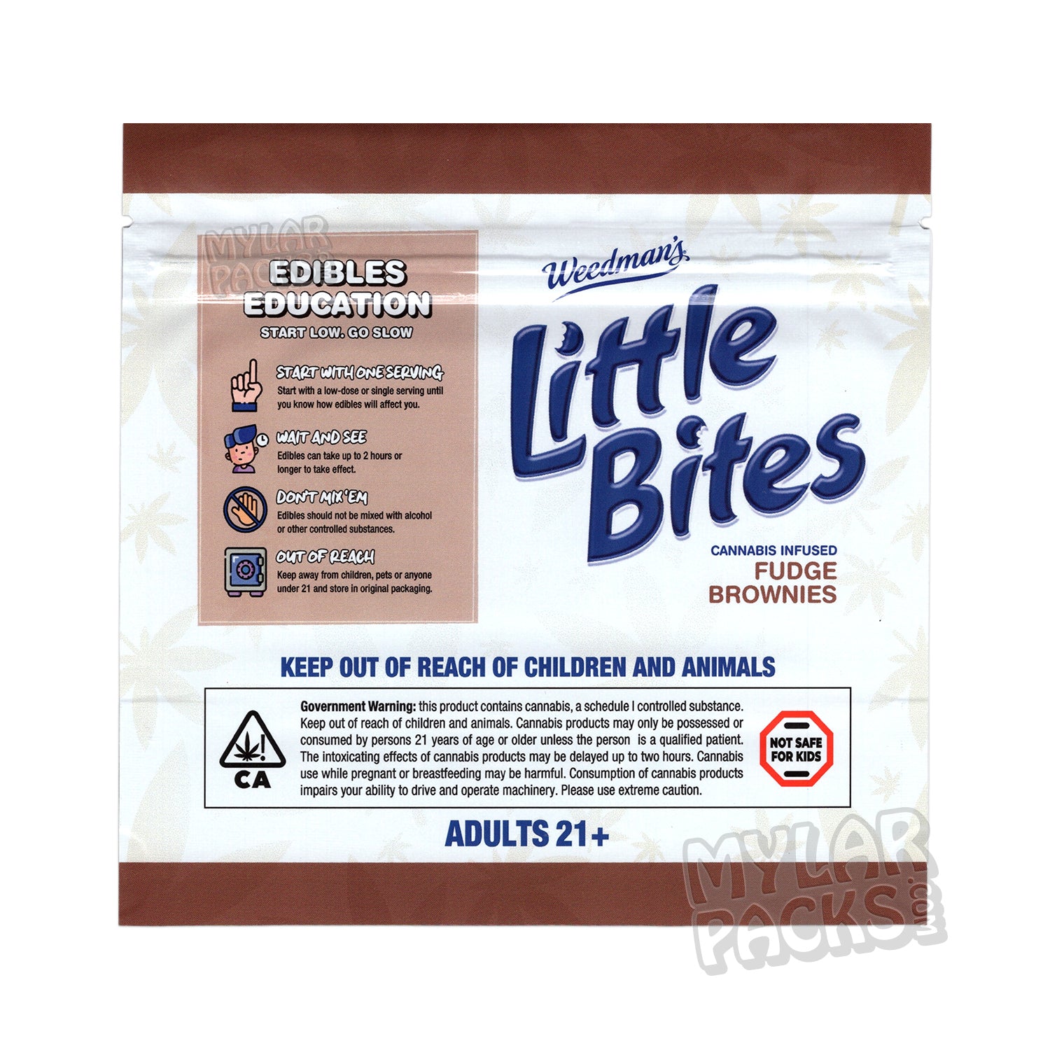 Mini brownies de dulce de azúcar Little Bites de 800 mg, comestibles vacíos, bolsas de Mylar.
