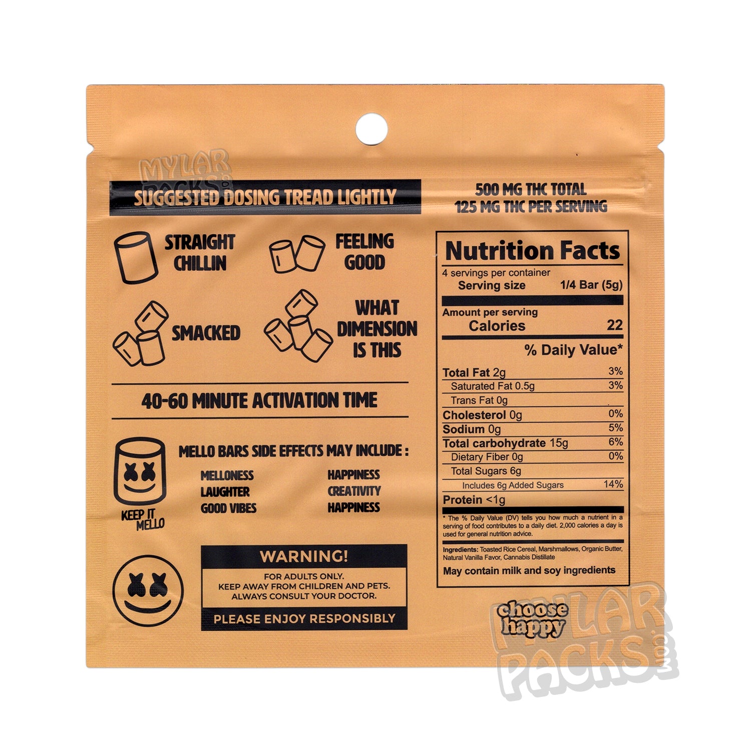 Barras Mello, golosinas de chocolate y malvavisco, 500 mg, bolsas de Mylar vacías, envases comestibles