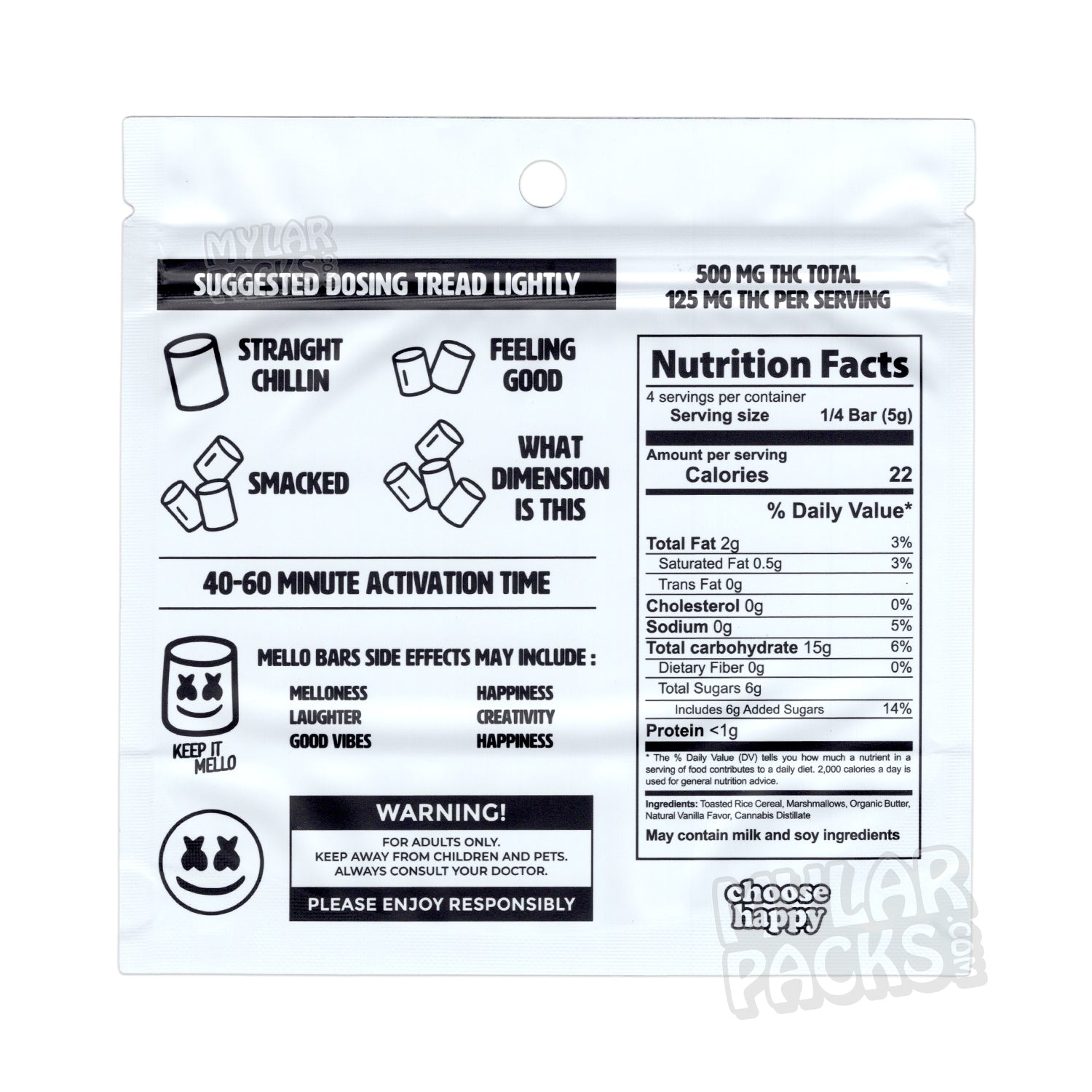 Barritas de malvavisco originales Mello Bars de 500 mg, bolsas de mylar vacías, envases comestibles