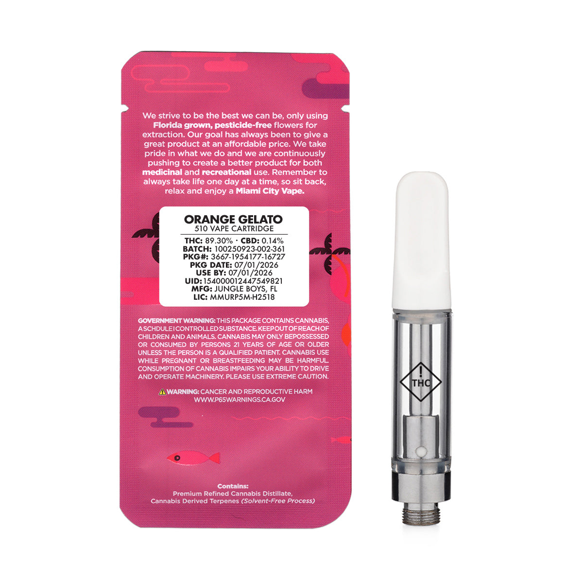 Miami City 1g Empty Vape Cart Packaging Mylar Bag with Custom Stickers