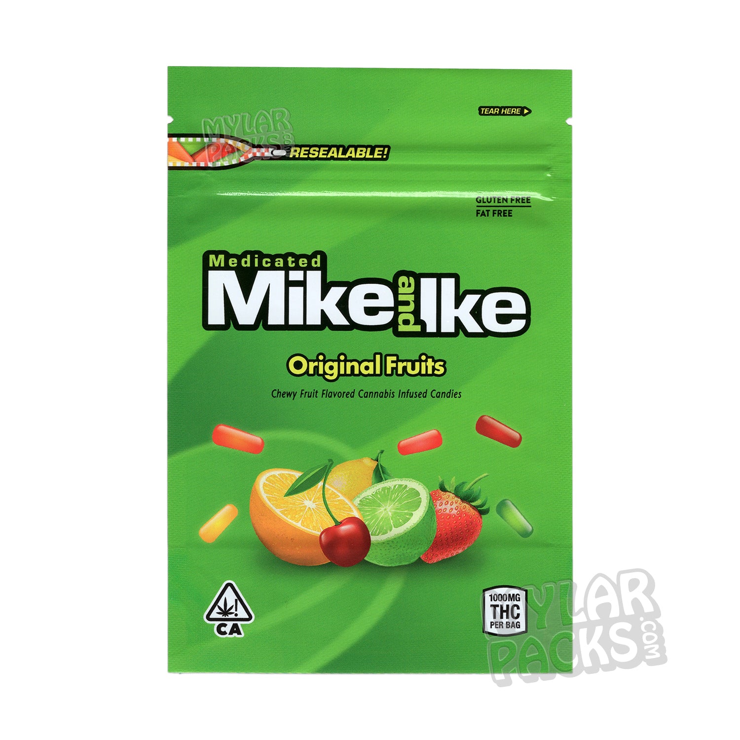 Bolsas de Mylar vacías de Mike and Ike Original Fruits de 1000 mg, empaques para dulces comestibles