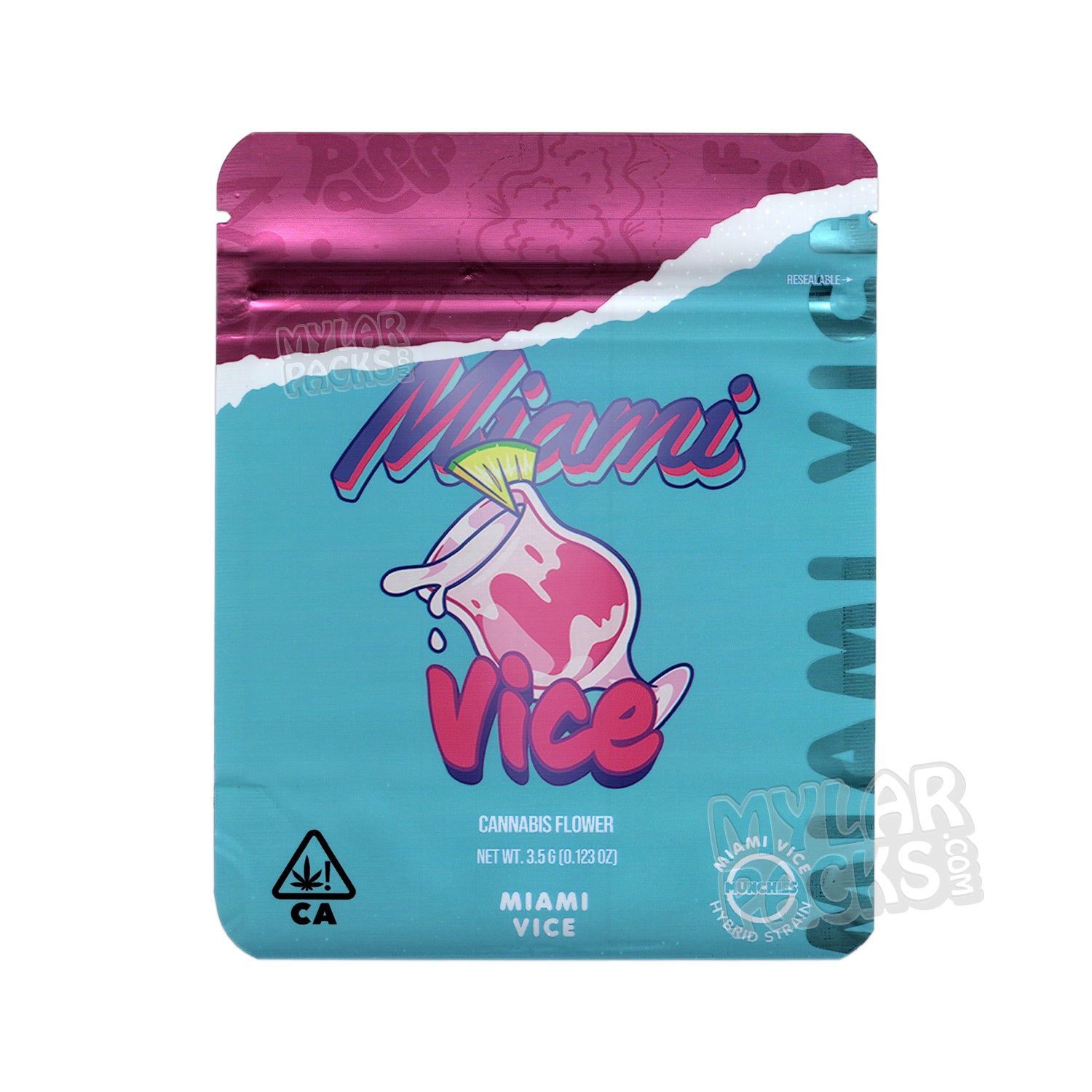Miami Vice de Munchies, bolsa de Mylar vacía de 3,5 g a prueba de olores, empaque con forma de flor