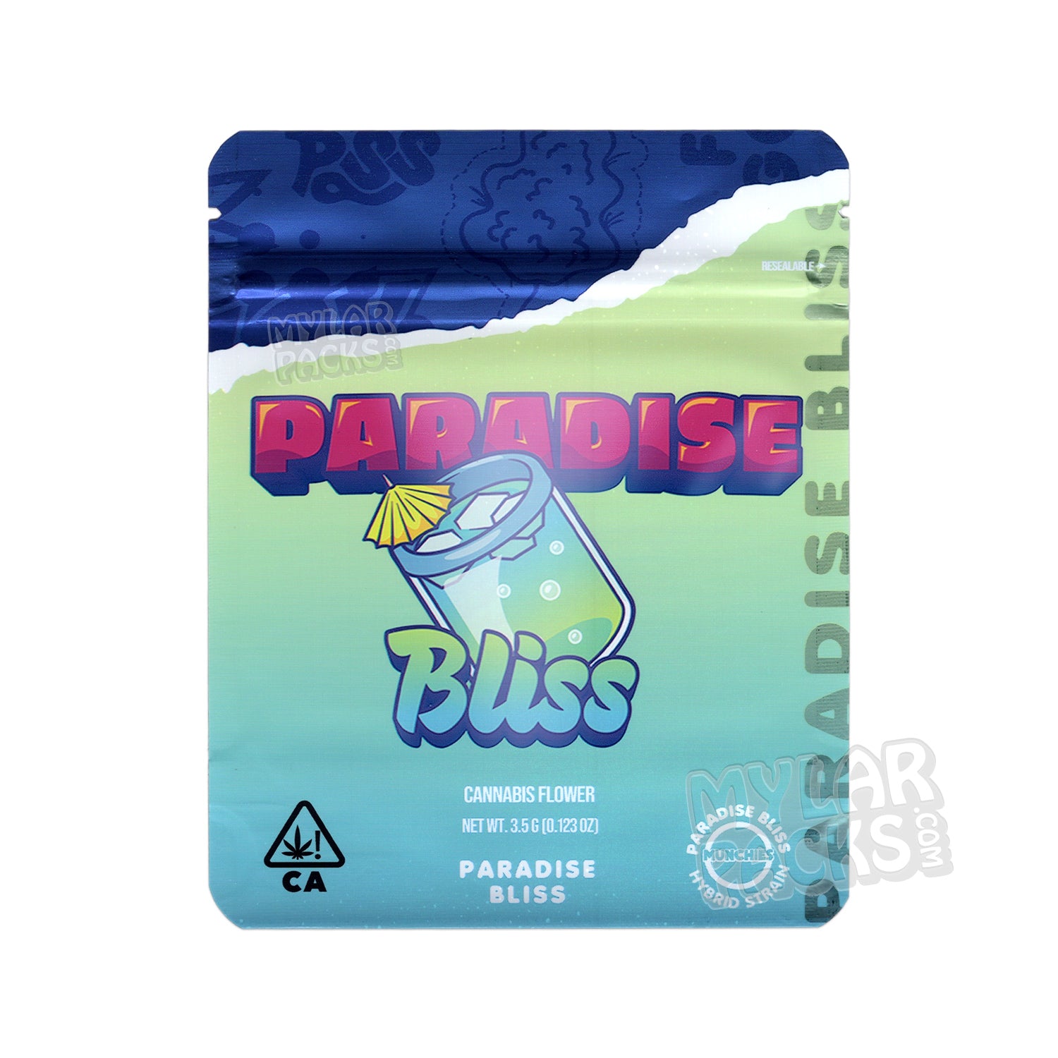 Paradise Bliss de Munchies, 3,5 g, bolsa de mylar vacía a prueba de olores, empaquetado con flores