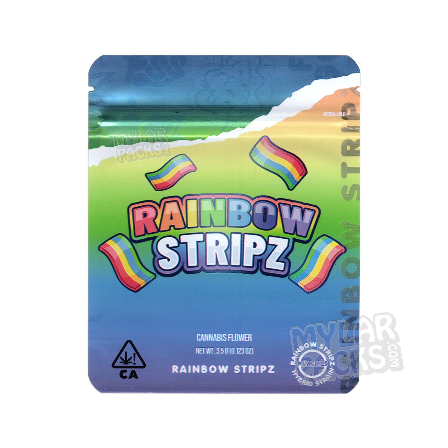 Rainbow Stripz de Munchies, 3,5 g, bolsa de mylar vacía a prueba de olores, empaquetado con flores