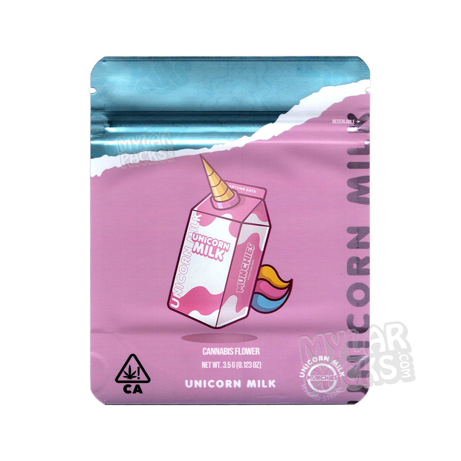 Leche de unicornio de Munchies, 3,5 g, vacía, antiolor, bolsa de mylar, envase con forma de flor
