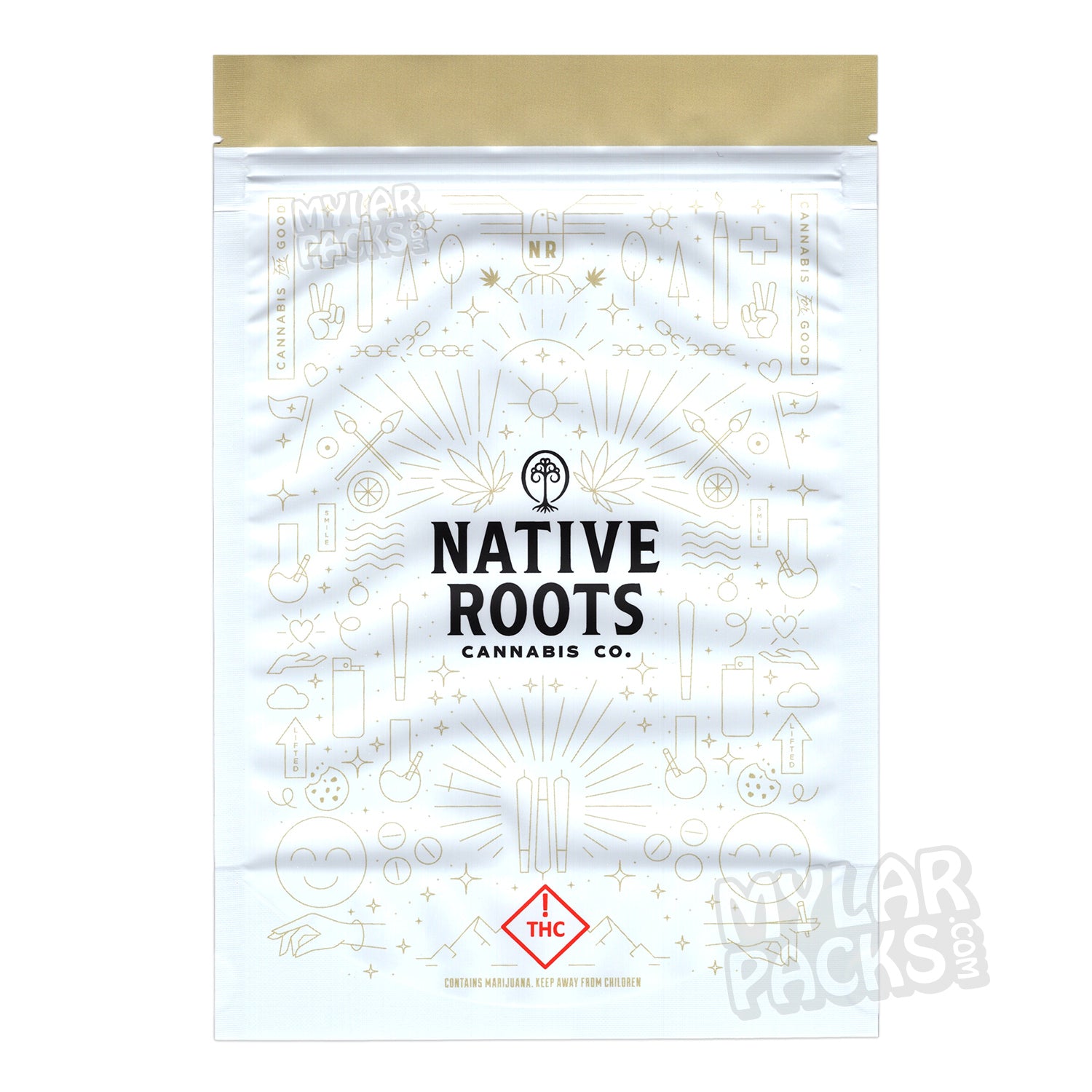 Dispensario Native Roots, bolsa de Mylar vacía de 28 g/1 onza y pegatinas personalizables