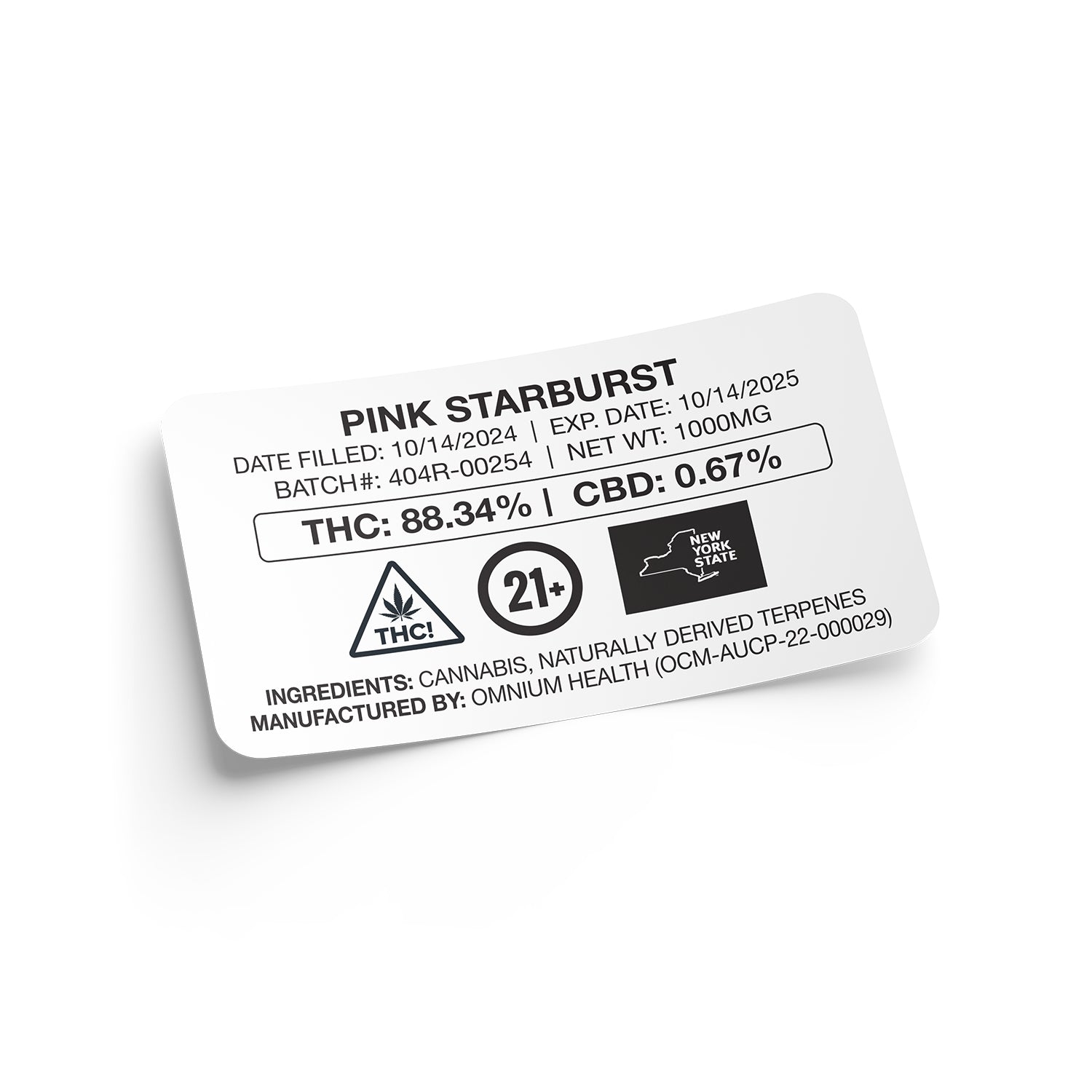 New York NY State Compliant Warning Label Customizable Strain Sticker (1.25" x 2.25")