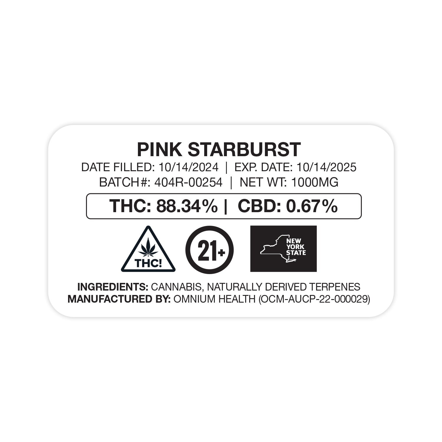 New York NY State Compliant Warning Label Customizable Strain Sticker (1.25" x 2.25")