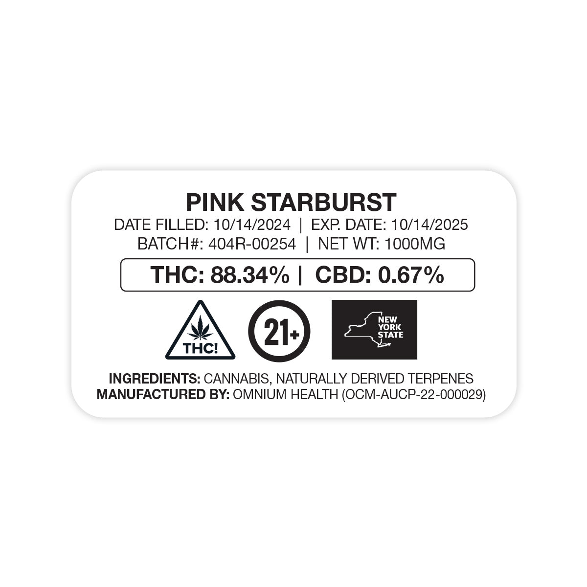 NY State Warning Ceramic Ccell Carts with Plastic Tube and Customizable Strain Sticker (1.25" x 2.25")