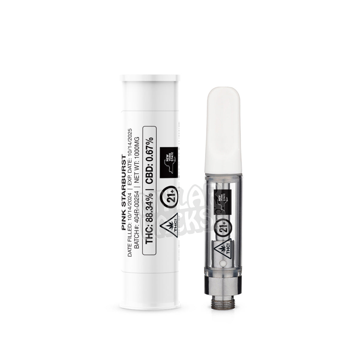 NY State Warning Ceramic Ccell Carts with Plastic Tube and Customizable Strain Sticker (1.25" x 2.25")