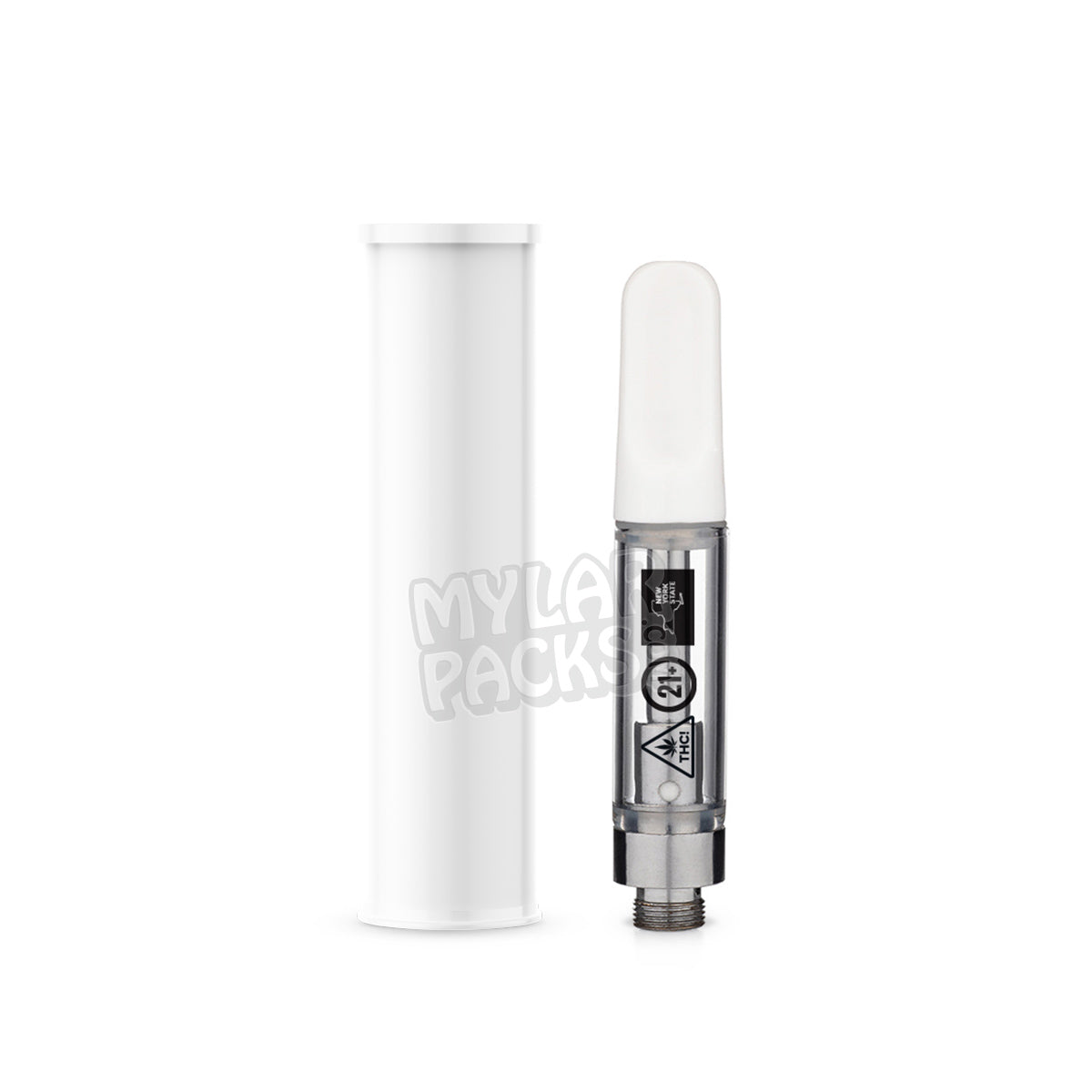 NY State Warning Ceramic Ccell Carts with Plastic Tube and Customizable Strain Sticker (1.25" x 2.25")