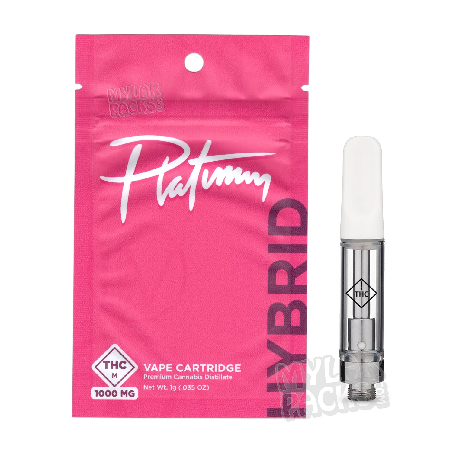 Cartucho de vapeo vacío híbrido Platinum de 1 ml con bolsa de Mylar y pegatinas personalizadas.