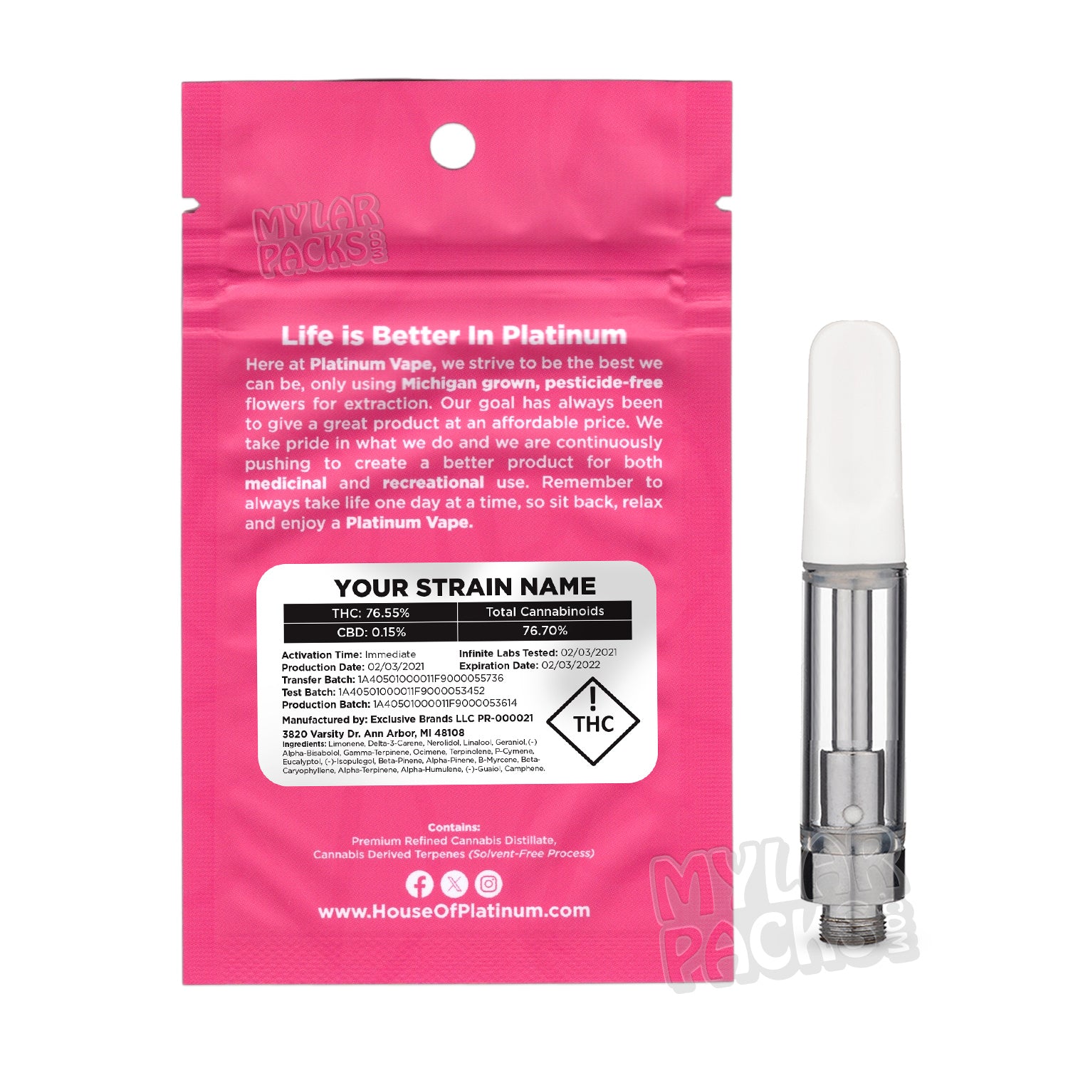 Cartucho de vapeo vacío híbrido Platinum de 1 ml con bolsa de Mylar y pegatinas personalizadas.
