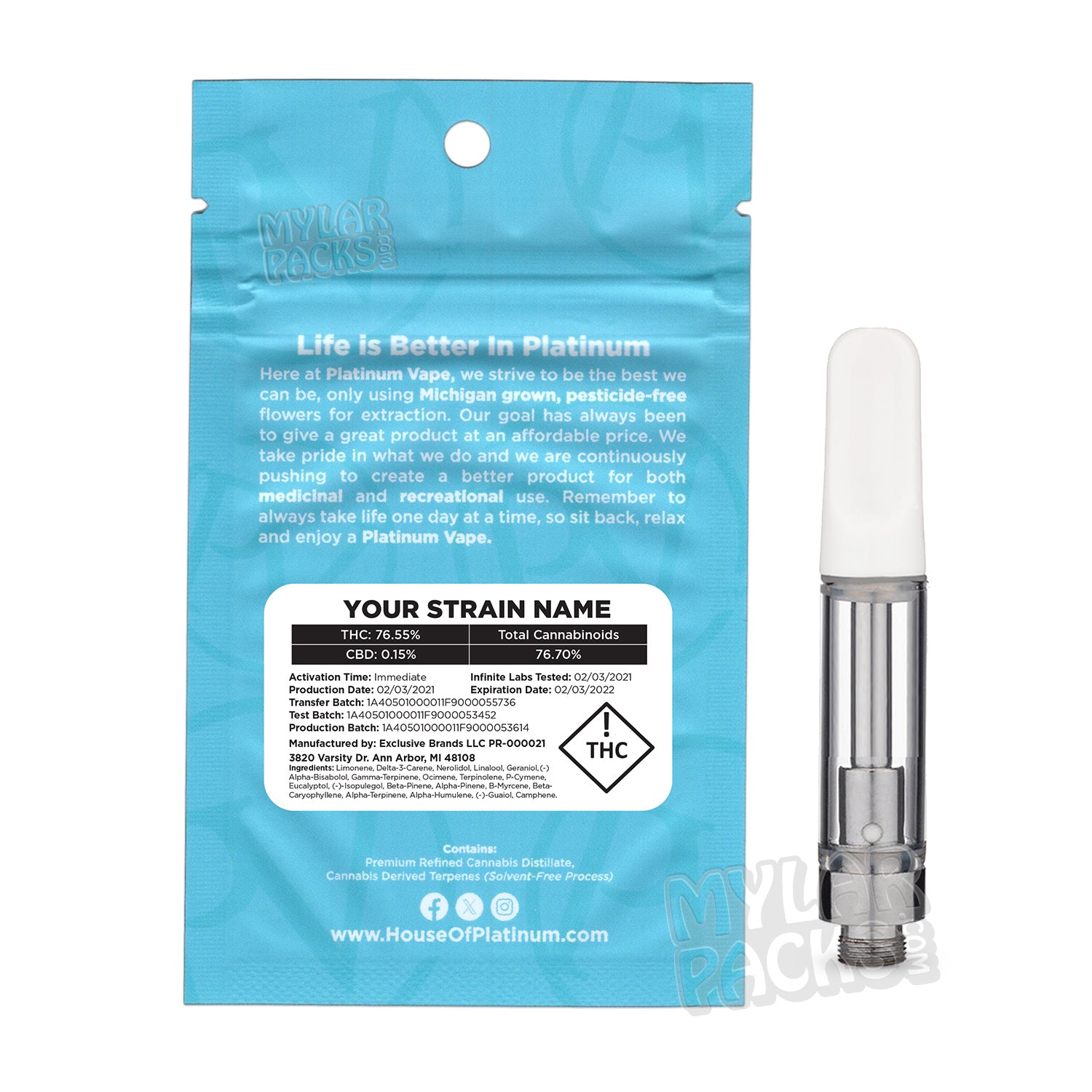 Cartucho de vapeo vacío Platinum de 1 ml Indica, empaquetado con bolsa de Mylar y pegatinas personalizadas.