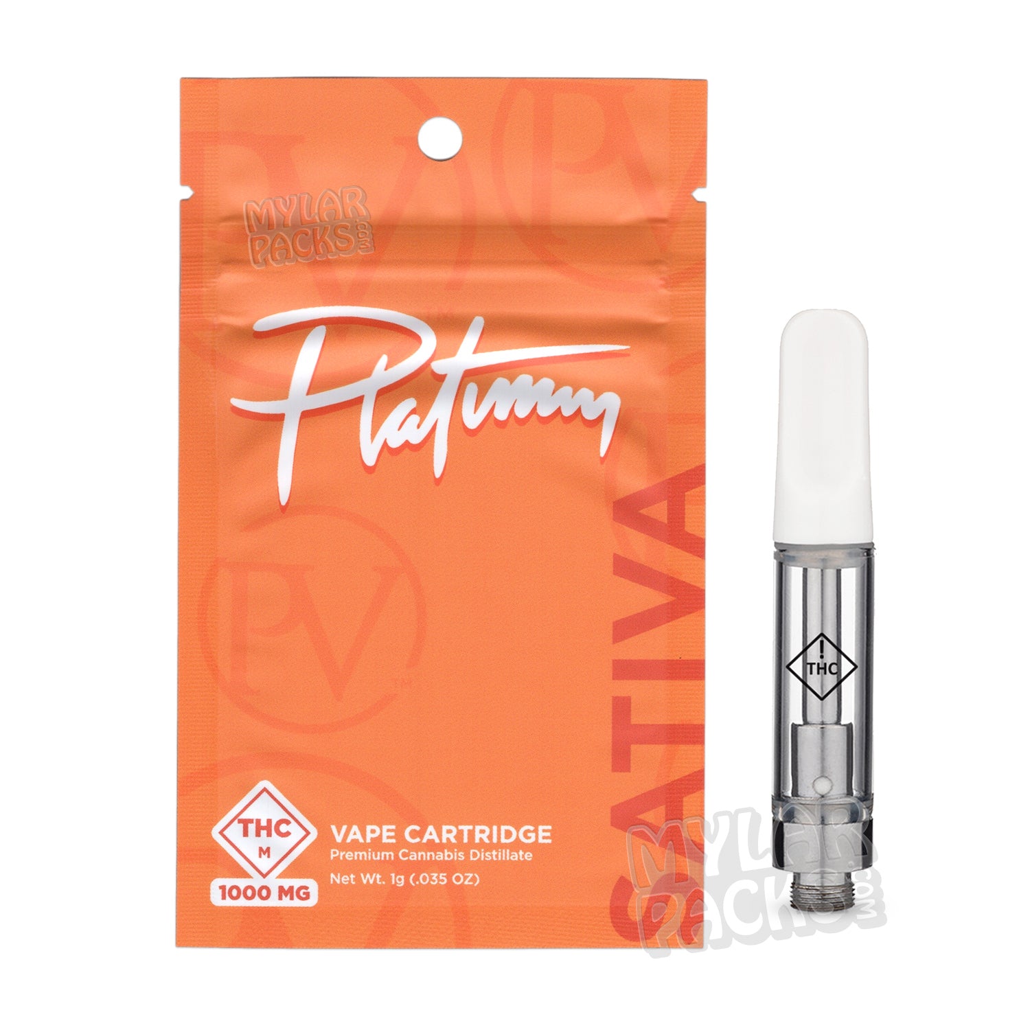 Cartucho de vapeo vacío Platinum Sativa de 1 ml con bolsa de Mylar y pegatinas personalizadas.