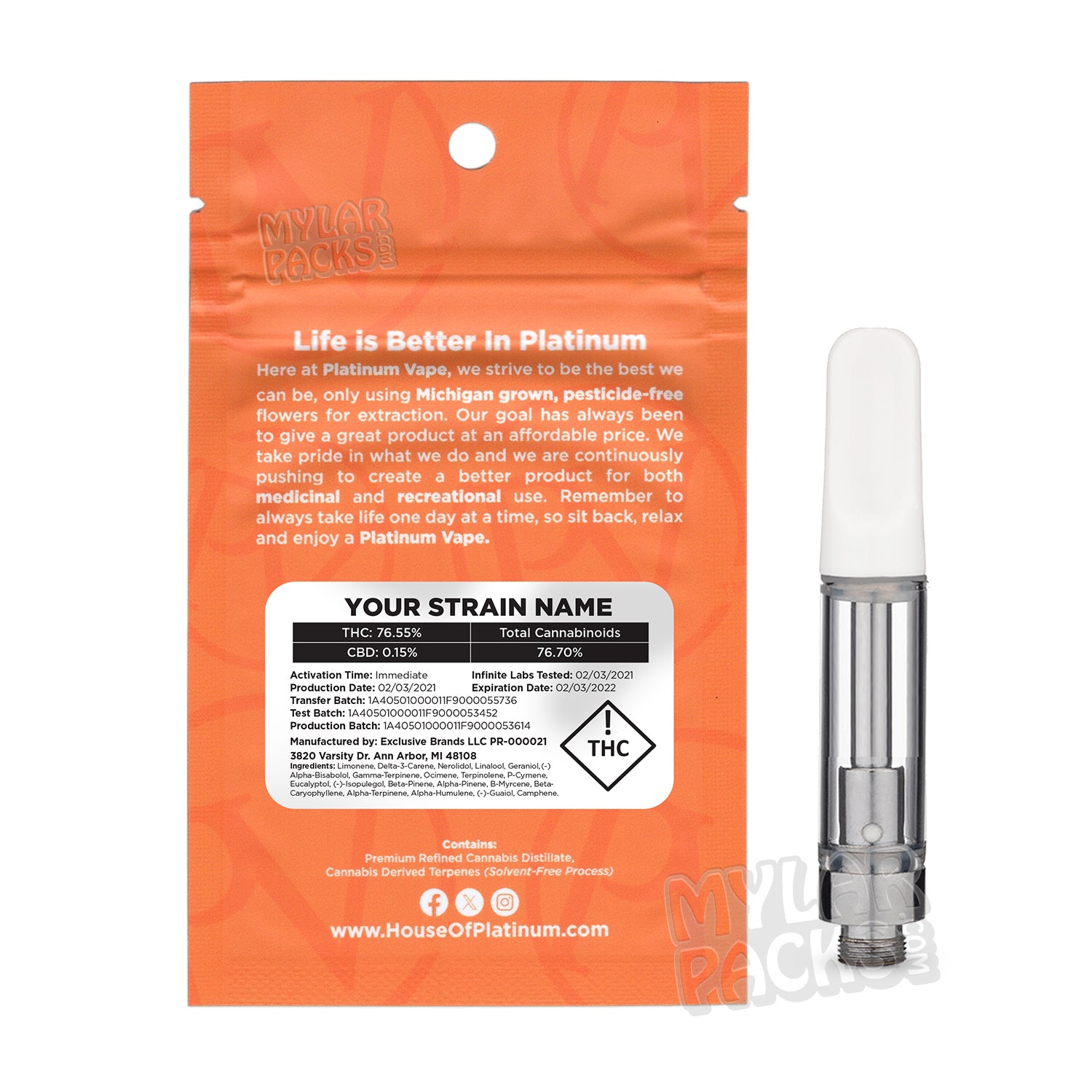 Cartucho de vapeo vacío Platinum Sativa de 1 ml con bolsa de Mylar y pegatinas personalizadas.