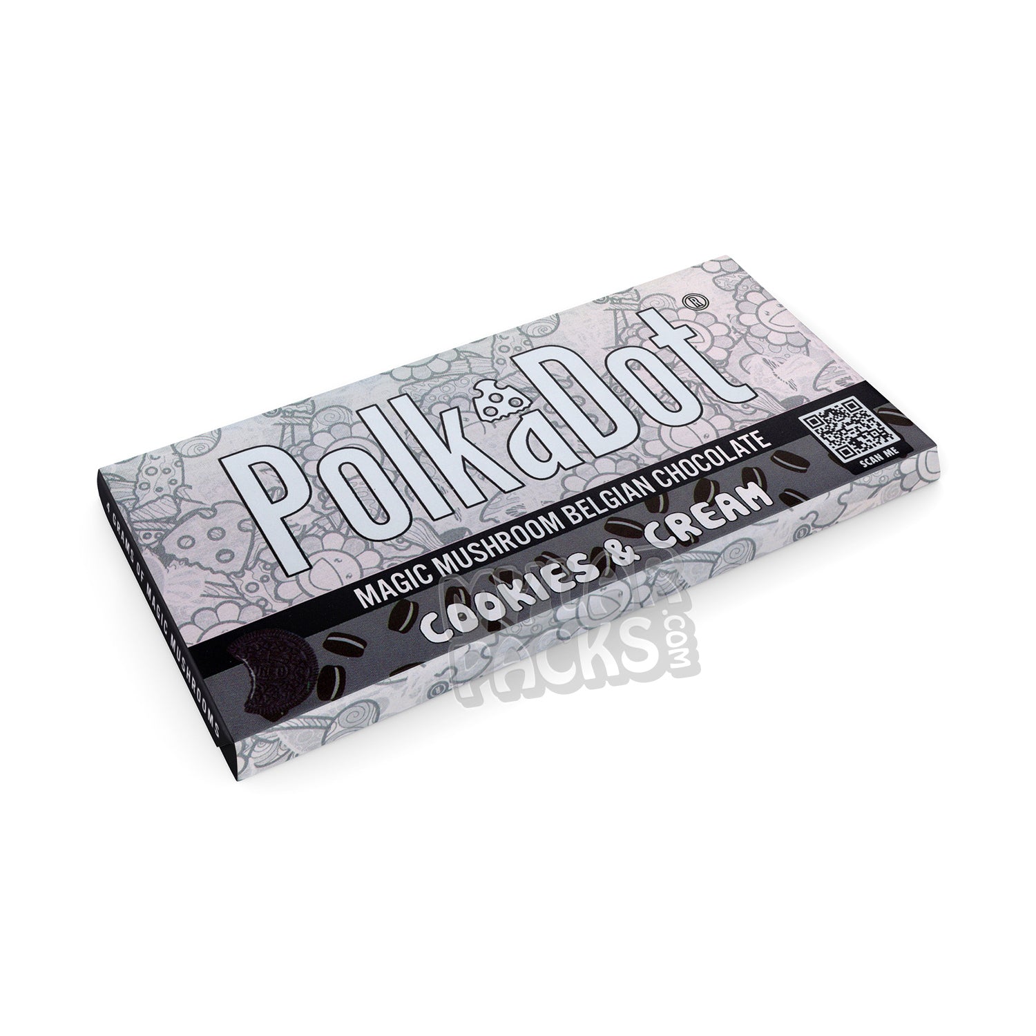 Barra de chocolate con galletas y crema Polkadot y hongos mágicos, envase vacío de psilocibina.
