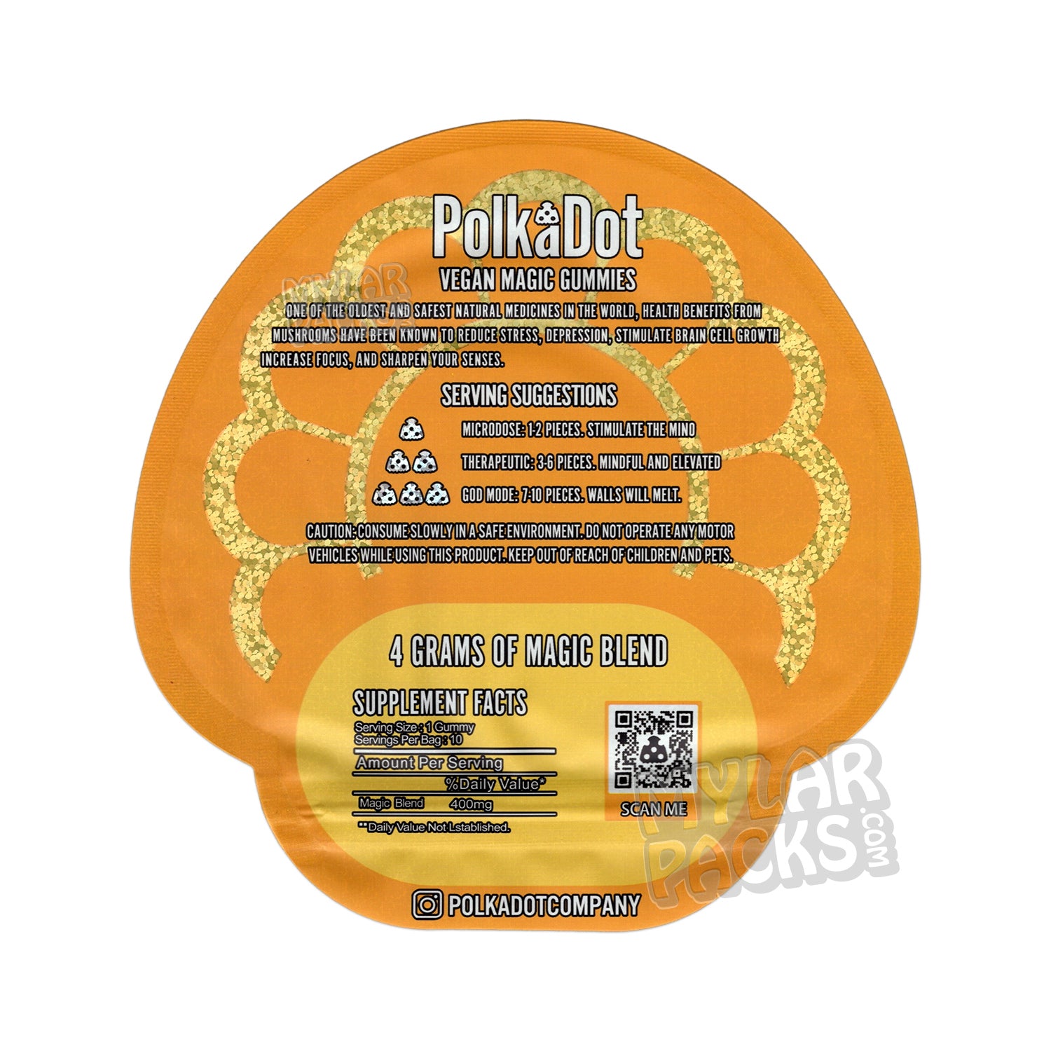 Gomitas de hongos Polkadot, mango, bolsas de Mylar troqueladas vacías, empaque de psilocibina