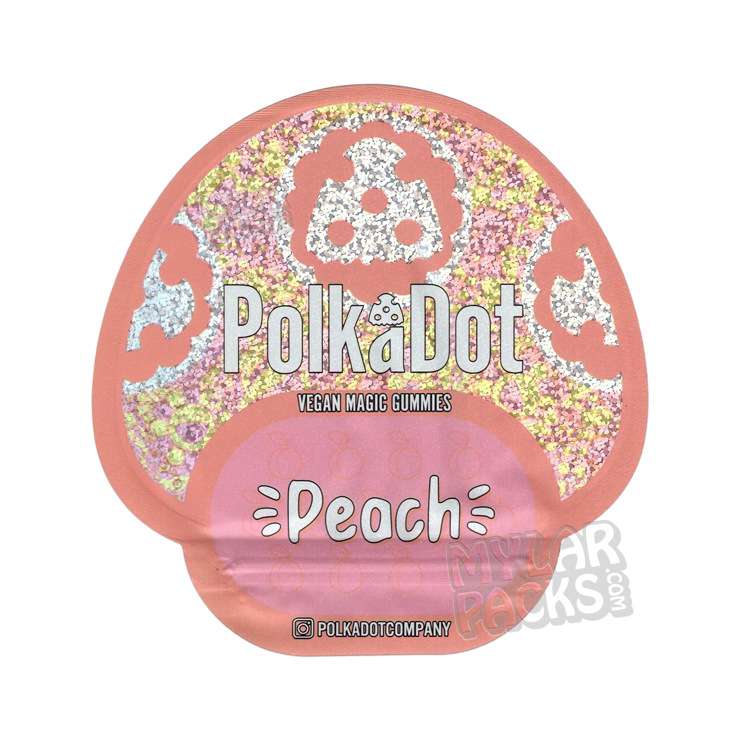 Gomitas de hongos Polkadot color melocotón, bolsas troqueladas vacías de Mylar, empaque de psilocibina