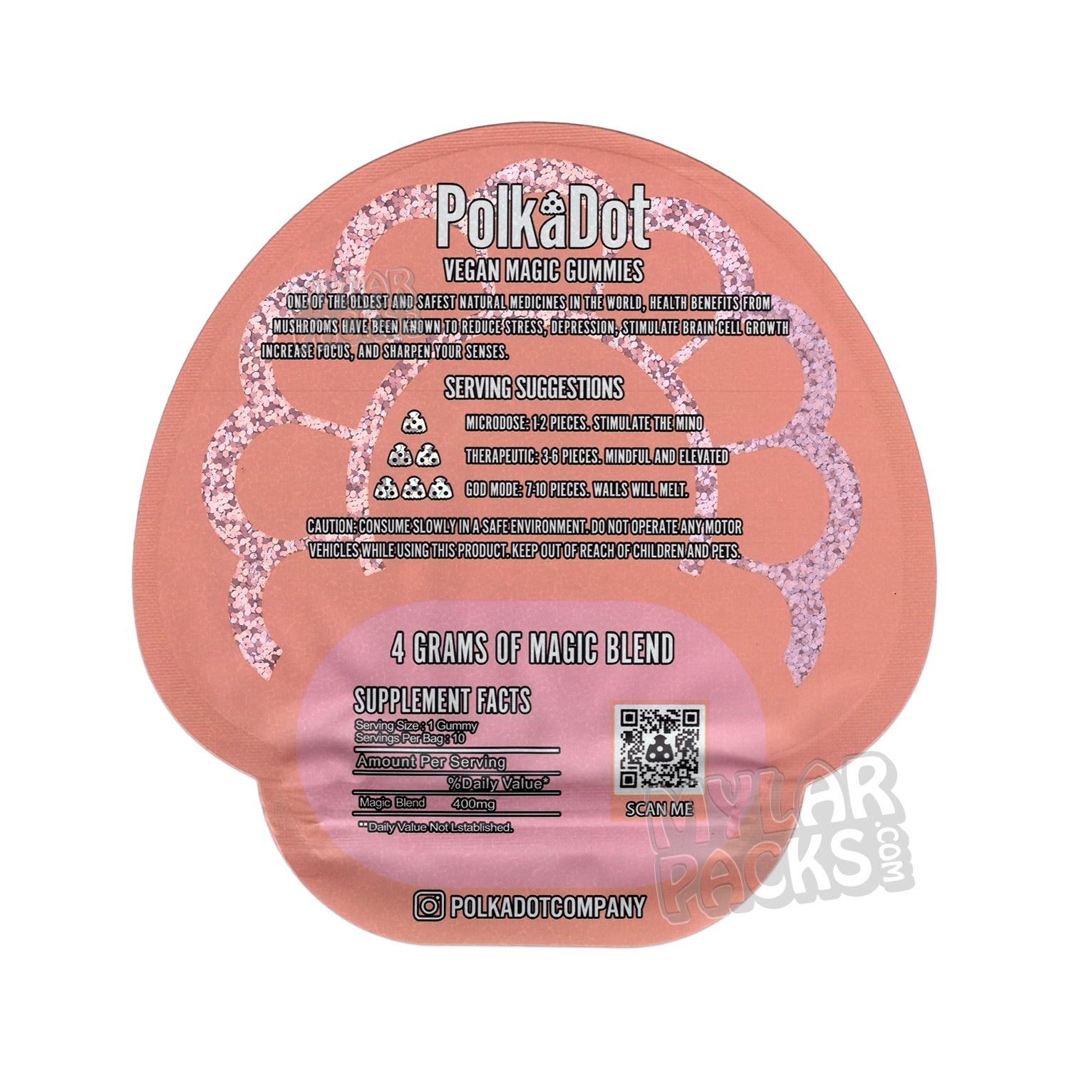 Gomitas de hongos Polkadot color melocotón, bolsas troqueladas vacías de Mylar, empaque de psilocibina