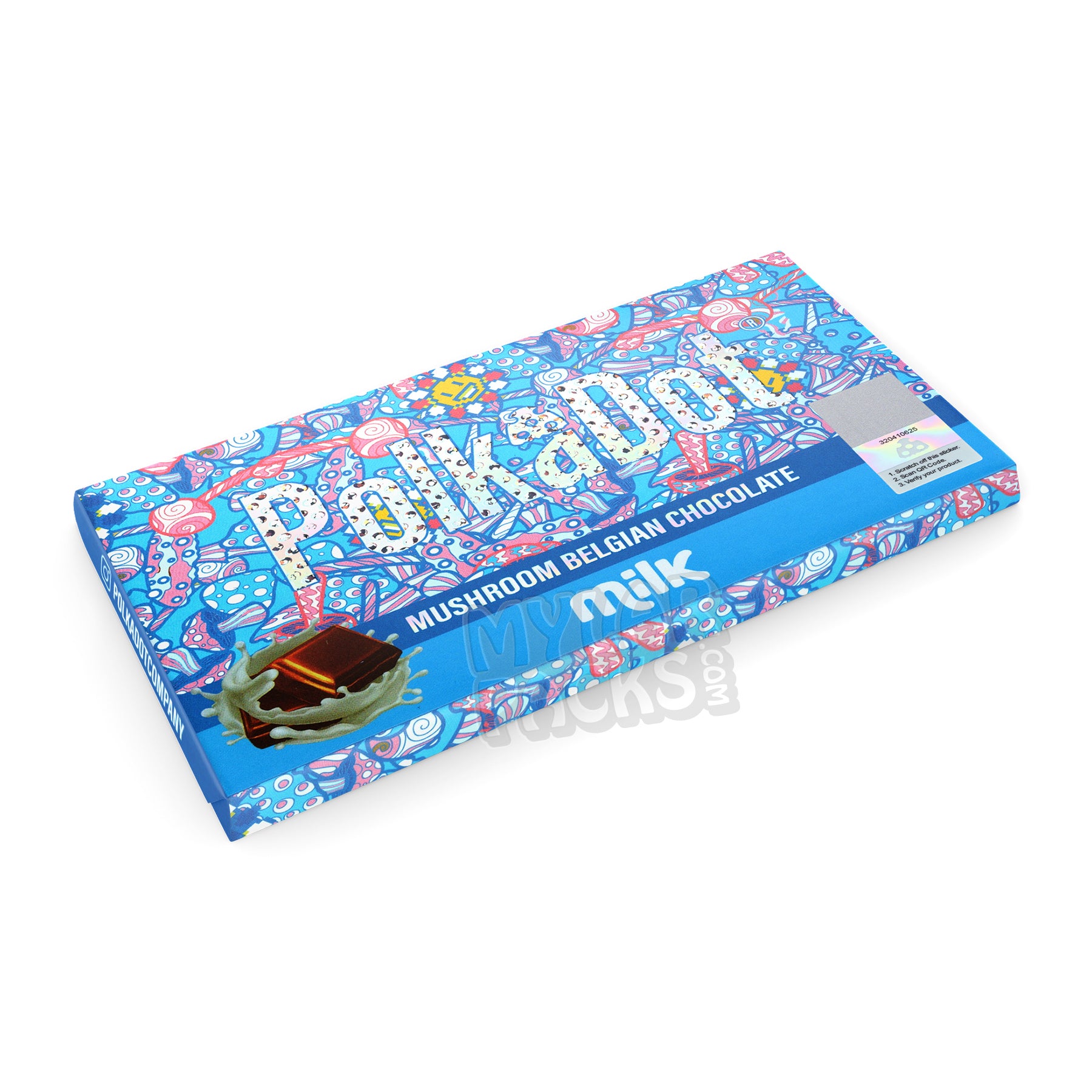 Barra de chocolate con leche belga Polkadot 2024 con hongos mágicos, envase vacío.