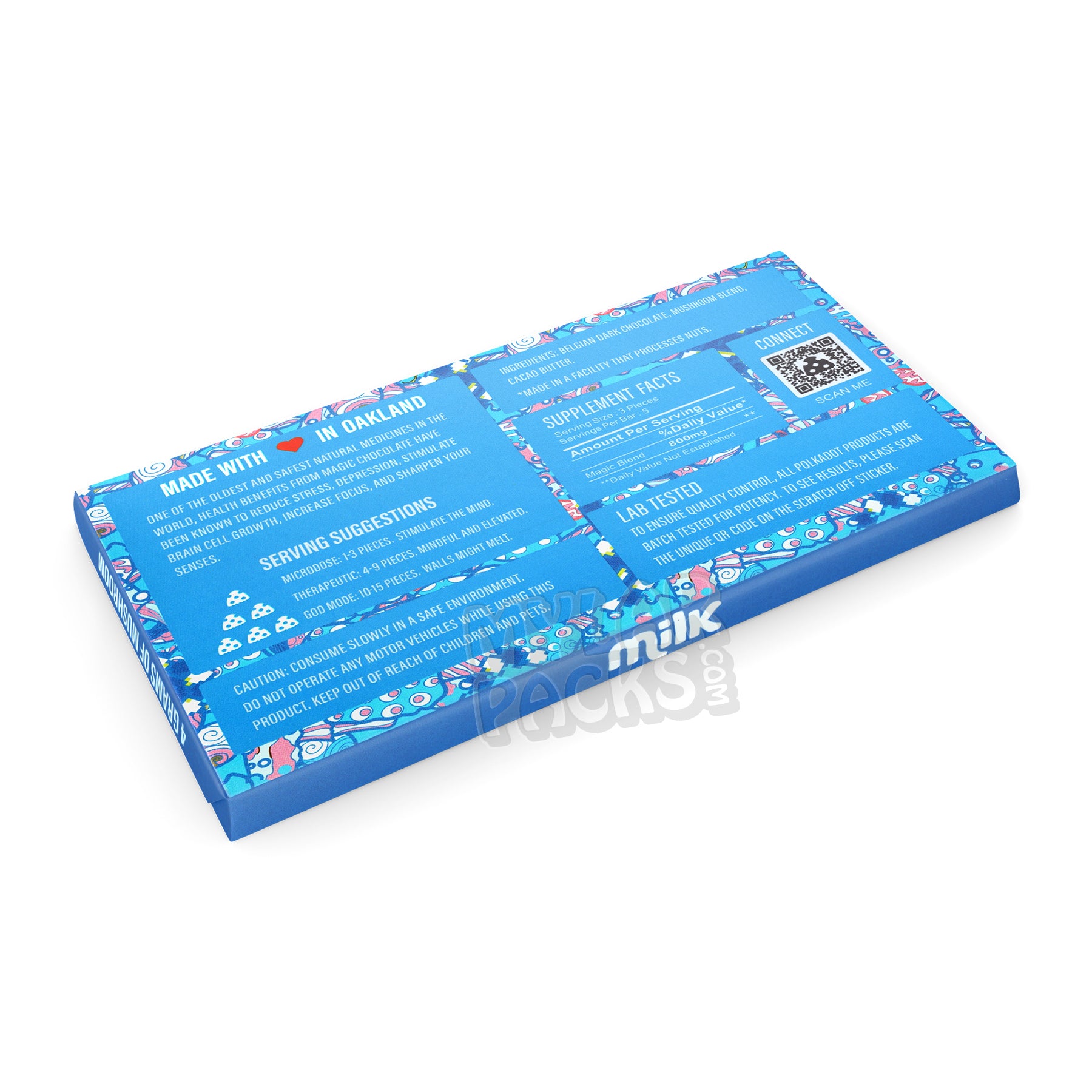 Barra de chocolate con leche belga Polkadot 2024 con hongos mágicos, envase vacío.