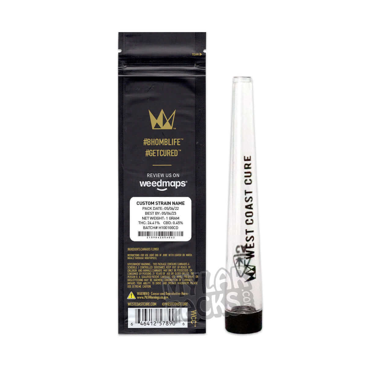 Preroll vacío individual WCC con etiqueta personalizada de la variedad, tubo rígido, bolsa de Mylar, embalaje para hierbas