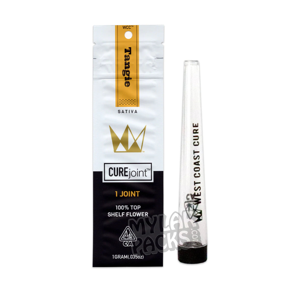 Bolsa de Mylar blanca vacía pre-enrollada de West Coast Cure Tangie con tubo de plástico rígido para hierbas