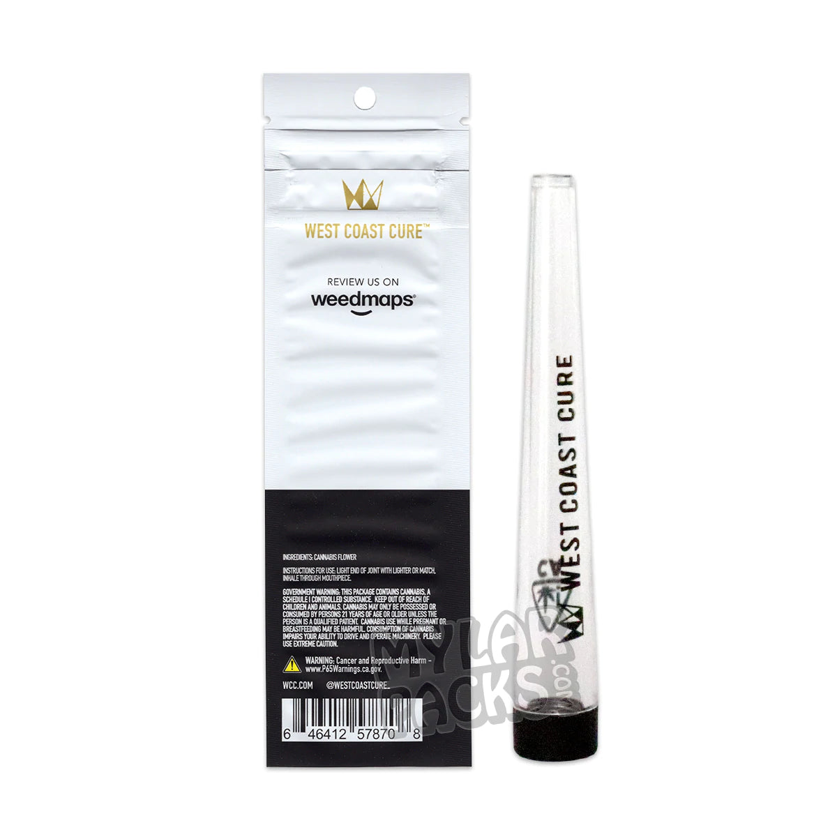 Bolsa de Mylar blanca vacía para porros individuales West Coast Cure WCC OG con tubo de plástico rígido para hierbas