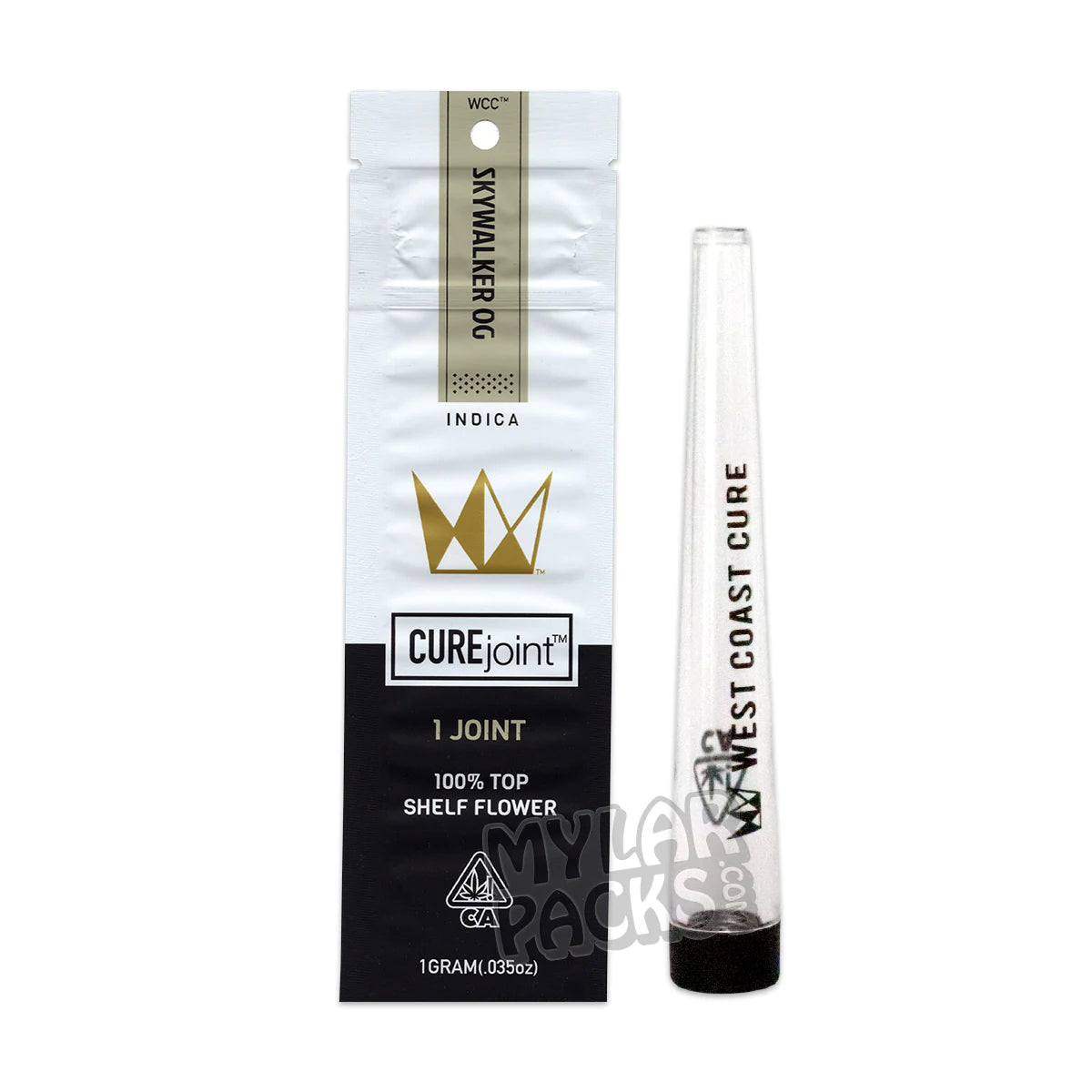 Bolsa de Mylar blanca vacía pre-enrollada Skywalker OG de West Coast Cure con tubo de plástico rígido para hierbas