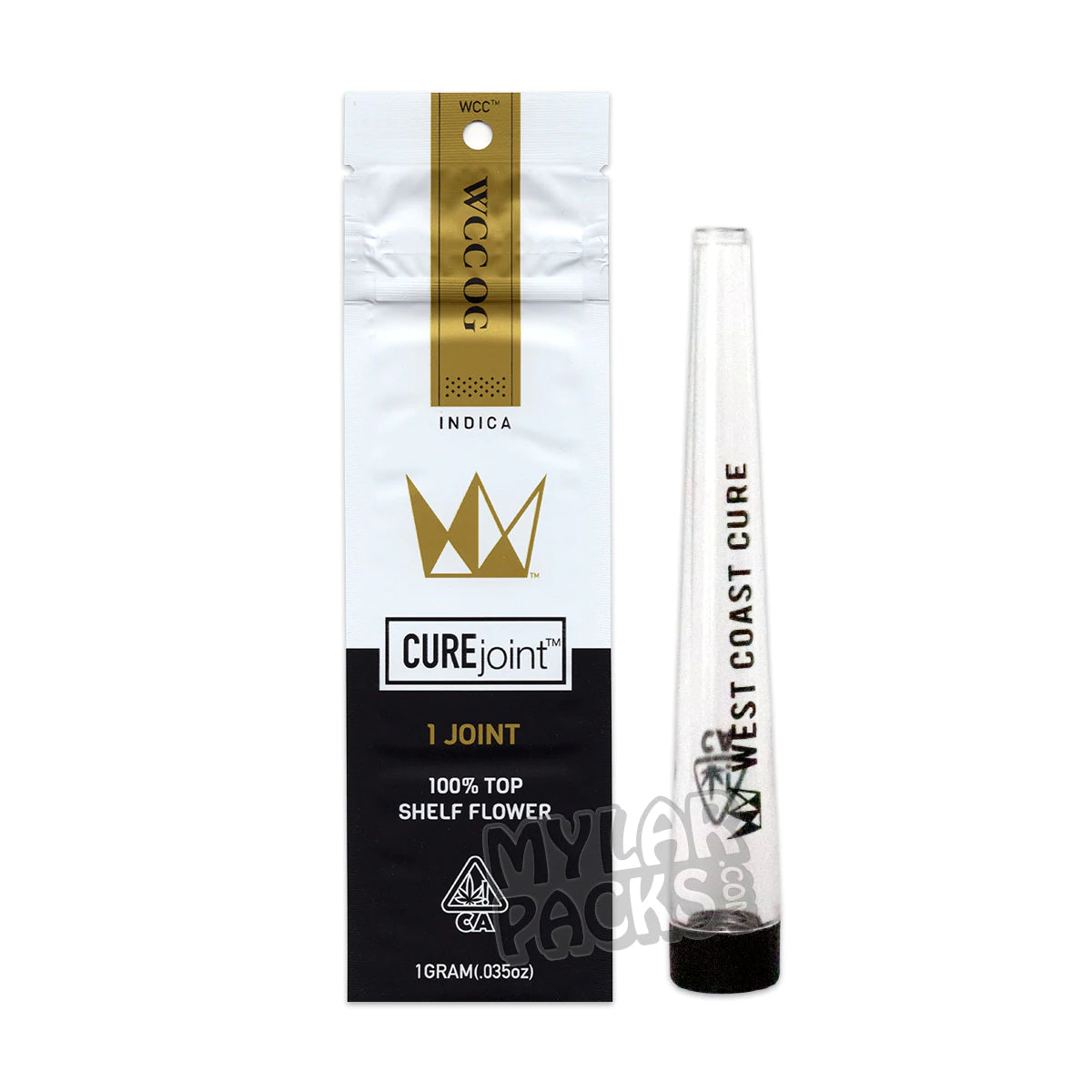 Bolsa de Mylar blanca vacía para porros individuales West Coast Cure WCC OG con tubo de plástico rígido para hierbas