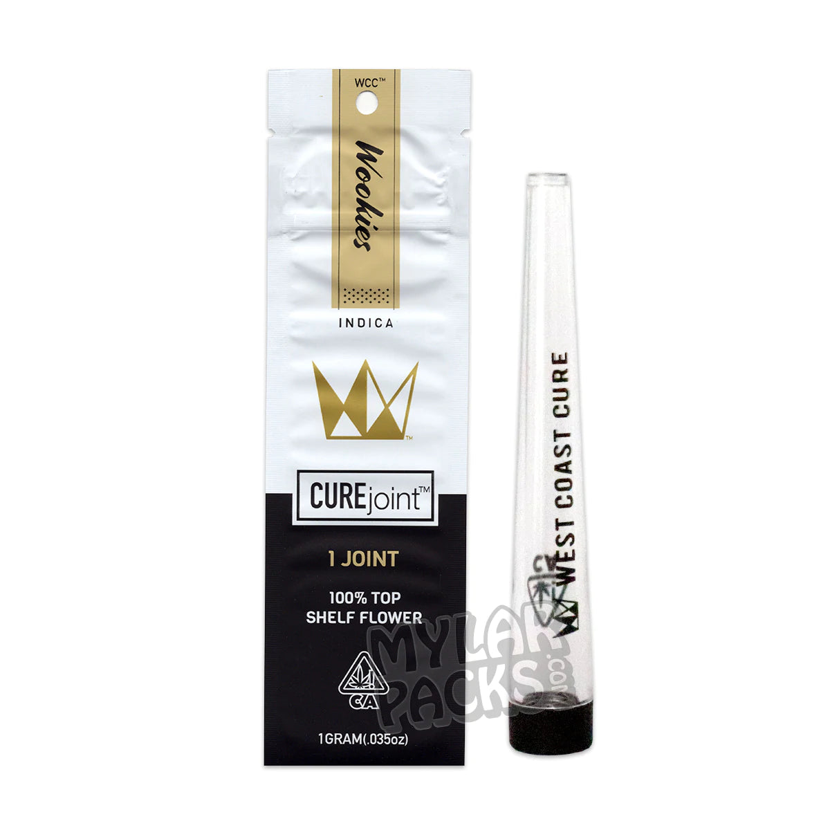 Bolsa de Mylar blanca vacía preenrollada individual Wookies de West Coast Cure con tubo de plástico rígido para hierbas