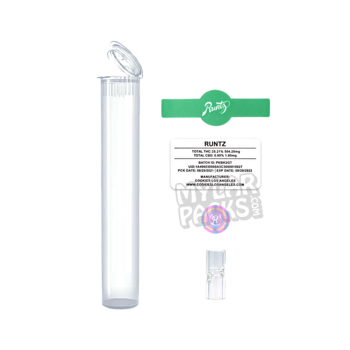 Apple Runtz Green Single 2g Preroll Blunt, empaque vacío, tubo de pop, punta de vidrio y pegatinas para hierba seca