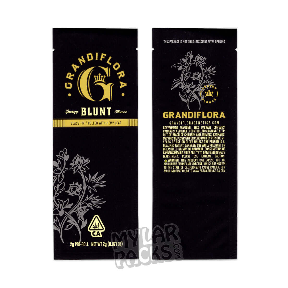 Tubo de vidrio Grandiflora Single 2g Preroll Blunt, vacío, con punta y pegatinas para hierba seca