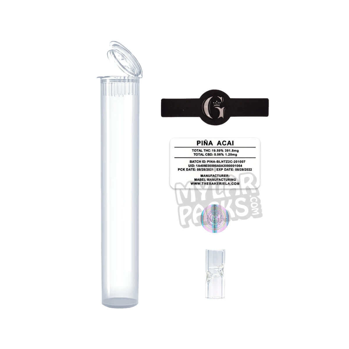 Tubo de vidrio Grandiflora Single 2g Preroll Blunt, vacío, con punta y pegatinas para hierba seca