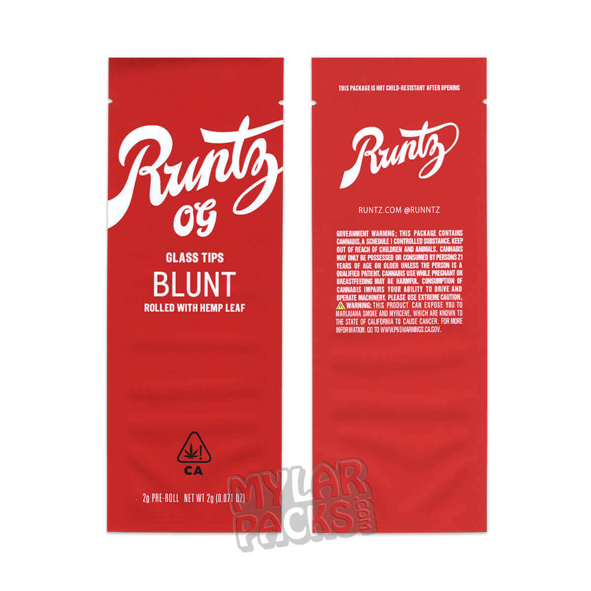 Runtz OG Red Single 2g Preroll Blunt, empaque vacío, tubo de vidrio con punta y pegatinas para hierba seca