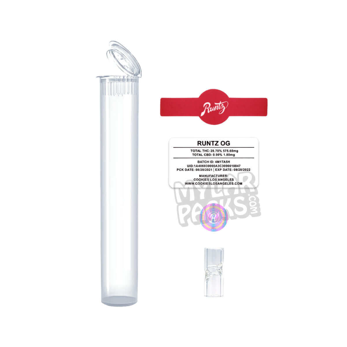 Runtz OG Red Single 2g Preroll Blunt, empaque vacío, tubo de vidrio con punta y pegatinas para hierba seca