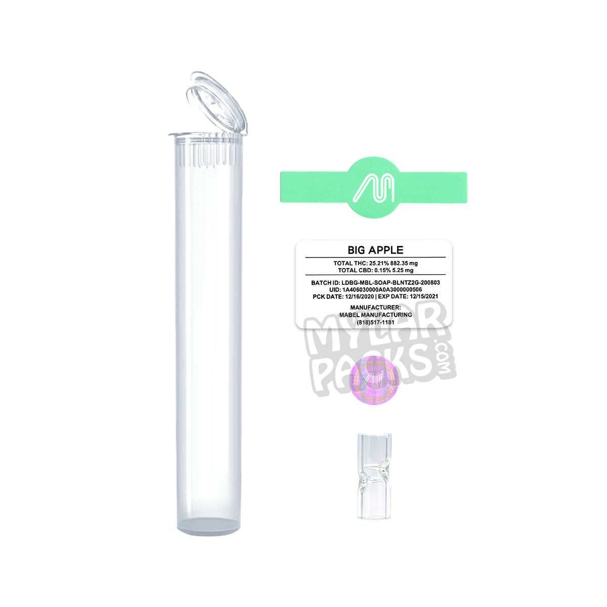 Big Apple de Minntz - Tubo de vidrio vacío para porros individuales preenrollados con punta y pegatinas para hierba seca