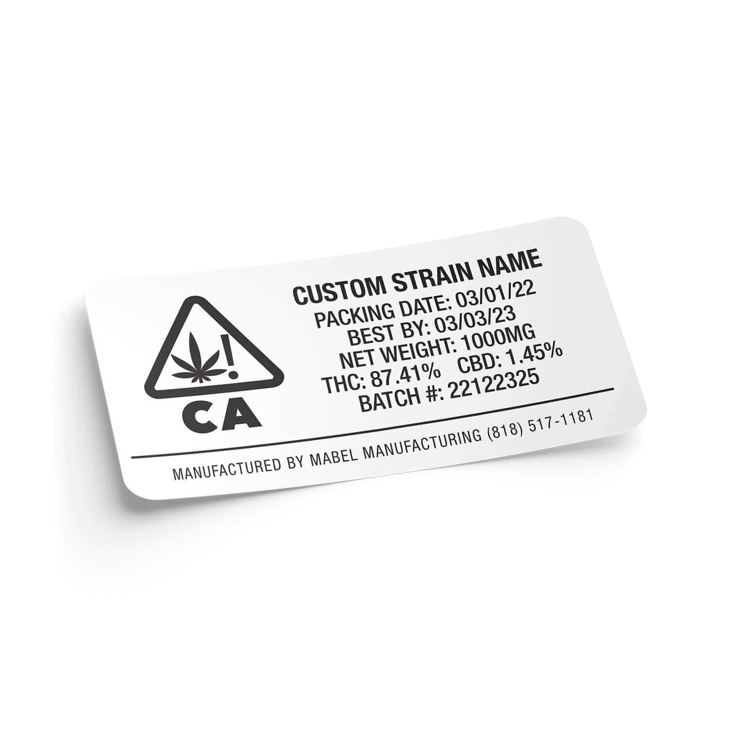 CA State Warning Ceramic Ccell Carts with Plastic Tube and Customizable Strain Sticker (1" x 2")
