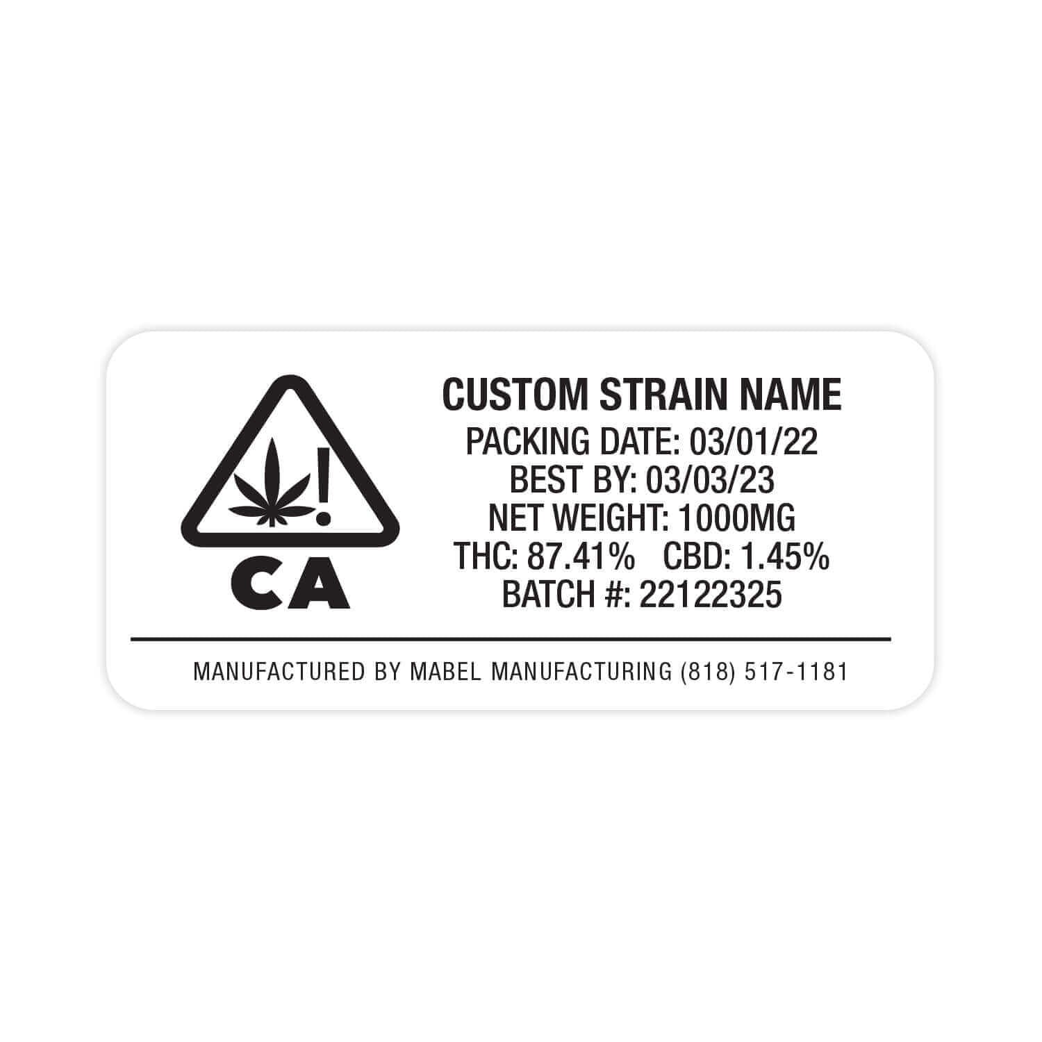 California CA State Compliant Warning Label Customizable Strain Sticker (1" x 2")