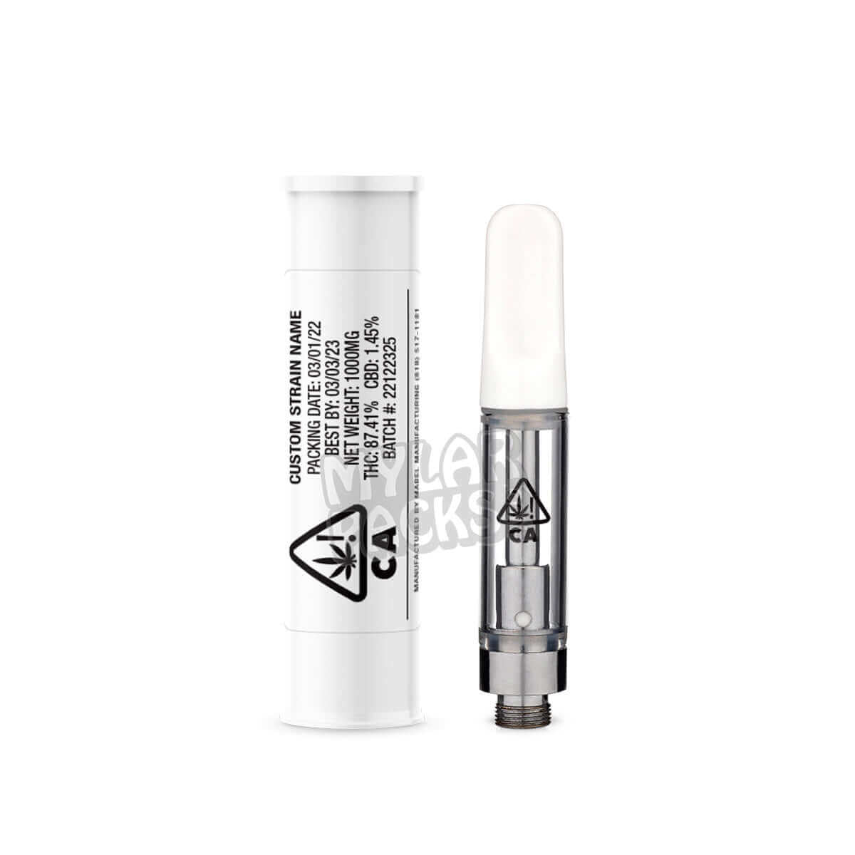 CA State Warning Ceramic Ccell Carts with Plastic Tube and Customizable Strain Sticker (1" x 2")