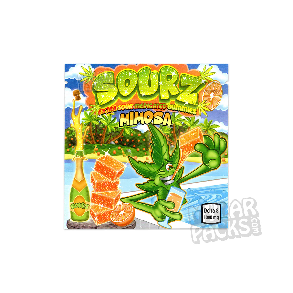 Gomitas Sourz Mimosa de 1000 mg Delta 8, bolsa de Mylar vacía, comestibles, empaque de dulces