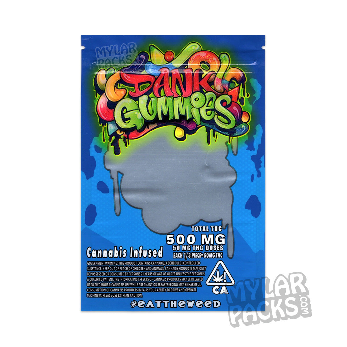 Gomitas Dank Blue de 500 mg, bolsa de Mylar vacía, empaque de gomitas comestibles