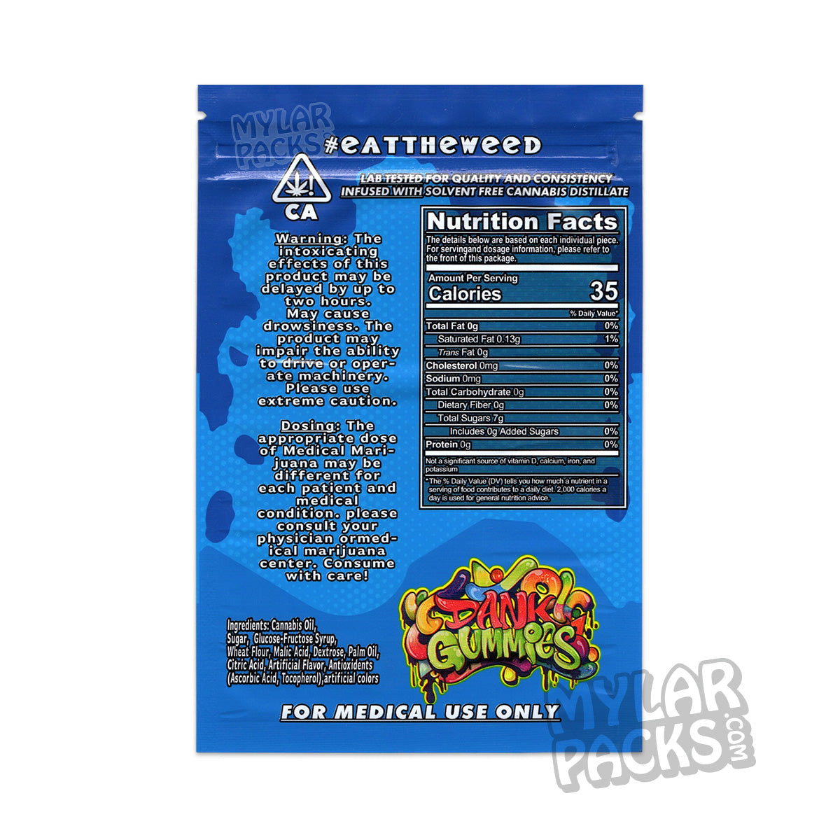 Gomitas Dank Blue de 500 mg, bolsa de Mylar vacía, empaque de gomitas comestibles